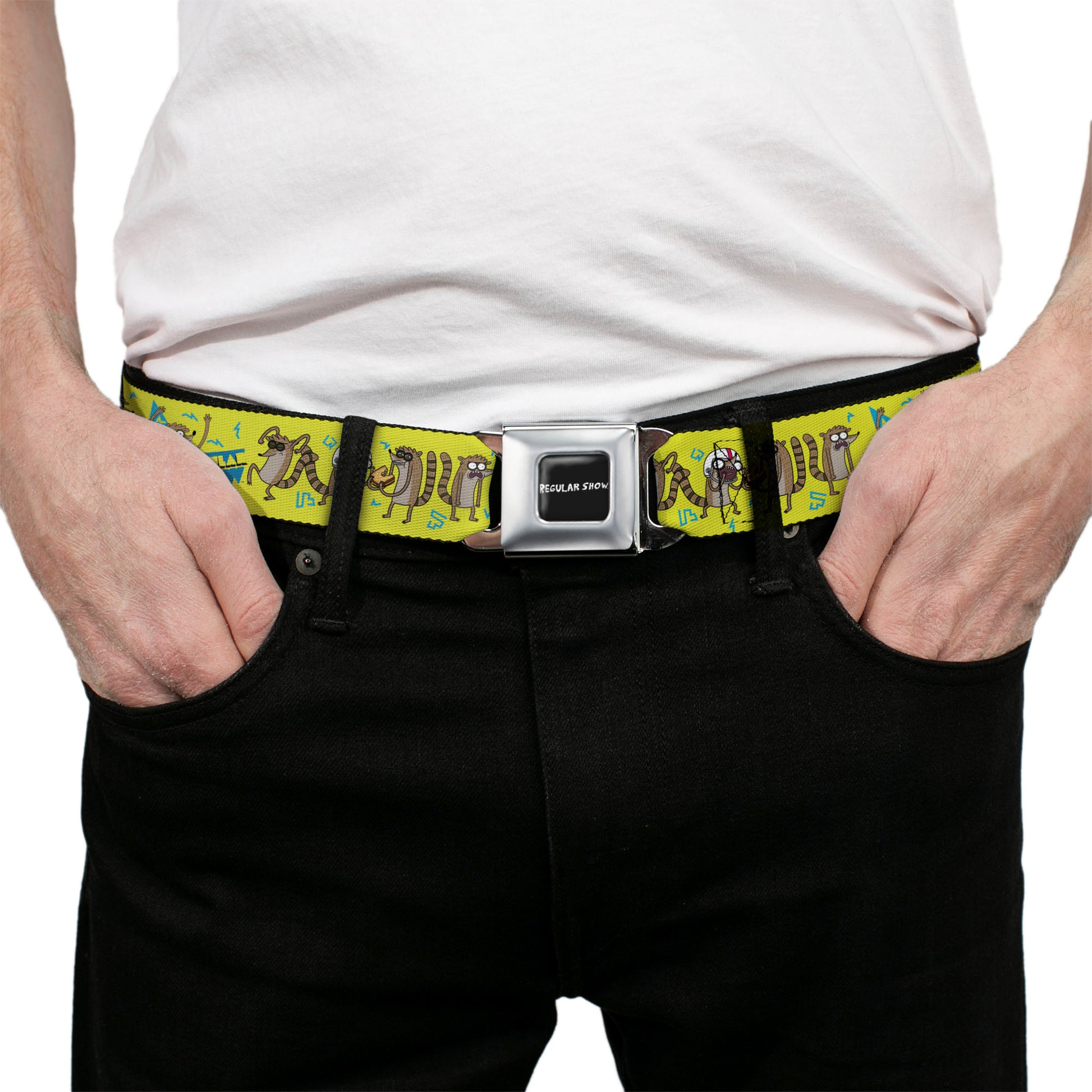 REGULAR SHOW Title Logo Full Color Black Seatbelt Belt - Rigby Raccoon Poses Yellow-Green/Blue Webbing Seatbelt Belts Regular Show