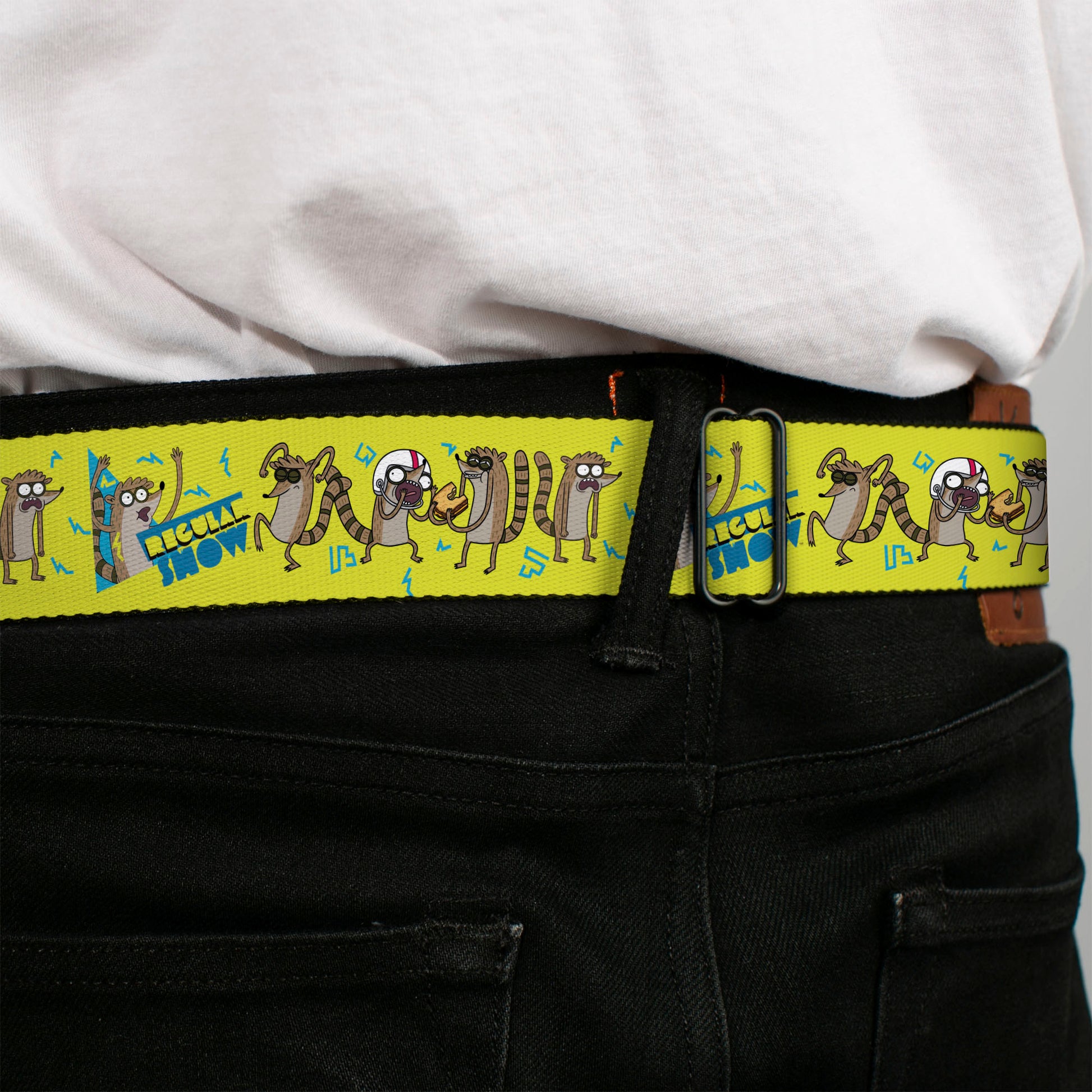 REGULAR SHOW Title Logo Full Color Black Seatbelt Belt - Rigby Raccoon Poses Yellow-Green/Blue Webbing Seatbelt Belts Regular Show