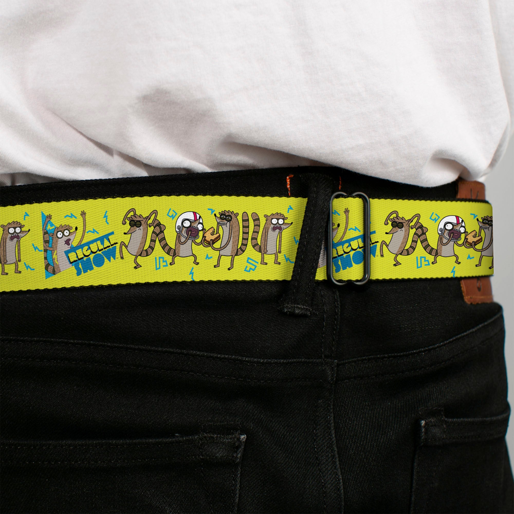 REGULAR SHOW Title Logo Full Color Black Seatbelt Belt - Rigby Raccoon Poses Yellow-Green/Blue Webbing Seatbelt Belts Regular Show