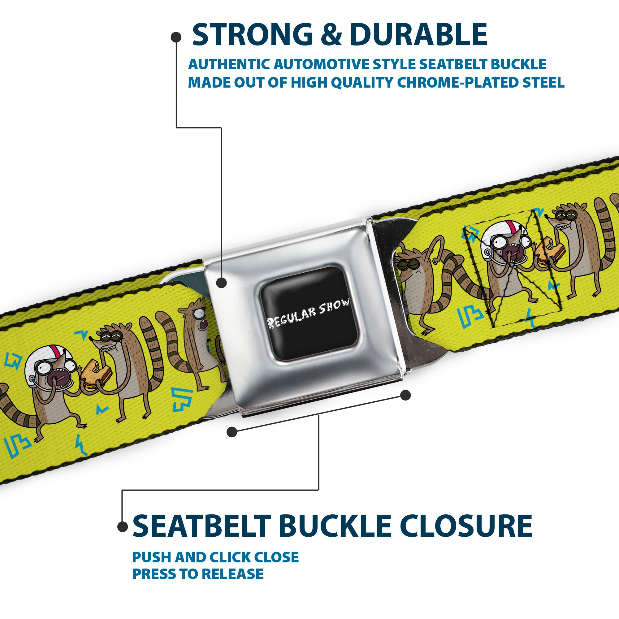 REGULAR SHOW Title Logo Full Color Black Seatbelt Belt - Rigby Raccoon Poses Yellow-Green/Blue Webbing Seatbelt Belts Regular Show
