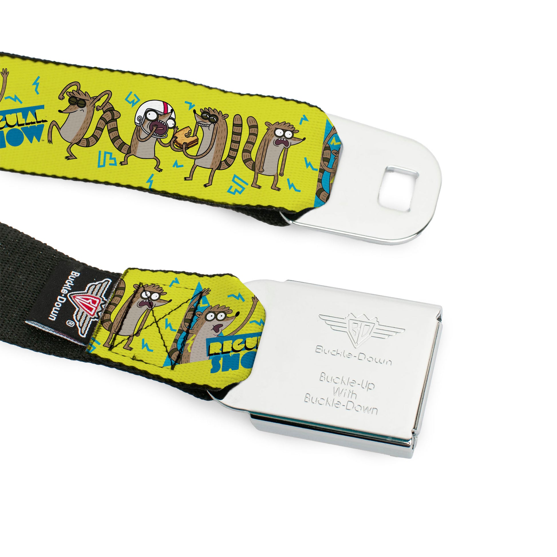 REGULAR SHOW Title Logo Full Color Black Seatbelt Belt - Rigby Raccoon Poses Yellow-Green/Blue Webbing Seatbelt Belts Regular Show