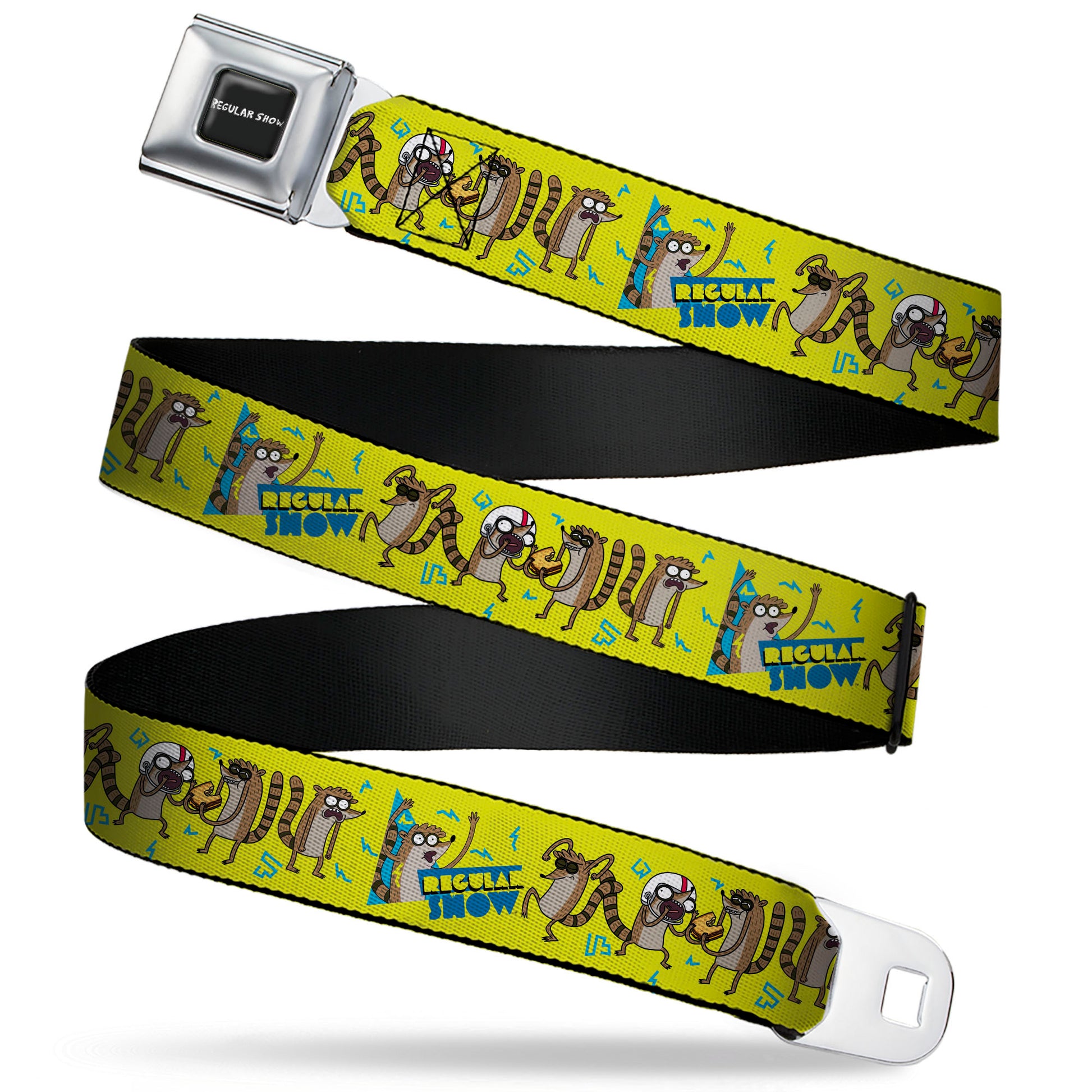 REGULAR SHOW Title Logo Full Color Black Seatbelt Belt - Rigby Raccoon Poses Yellow-Green/Blue Webbing Seatbelt Belts Regular Show