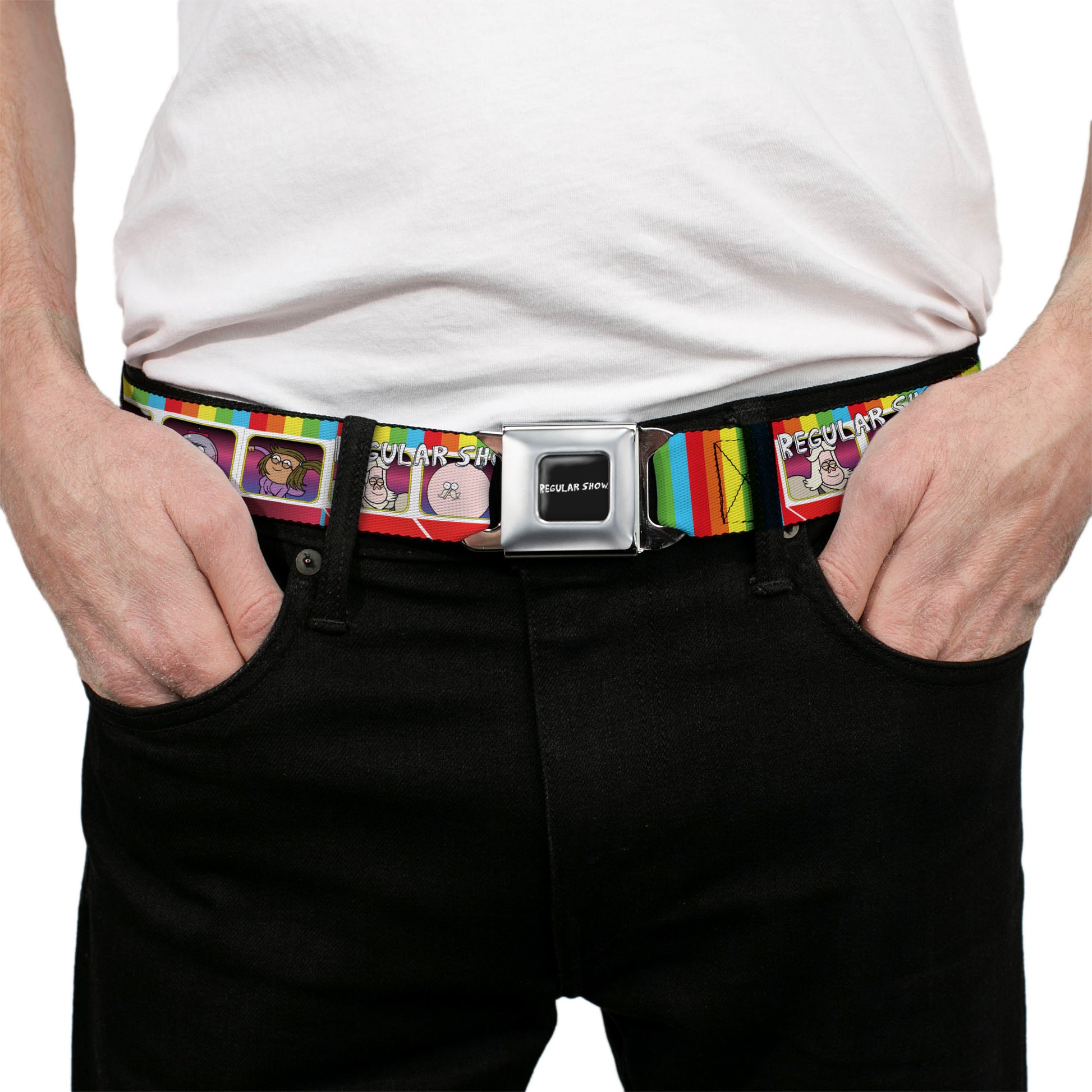 REGULAR SHOW Title Logo Full Color Black Seatbelt Belt - REGULAR SHOW Eight Character Face Blocks Multi Color Webbing Seatbelt Belts Regular Show