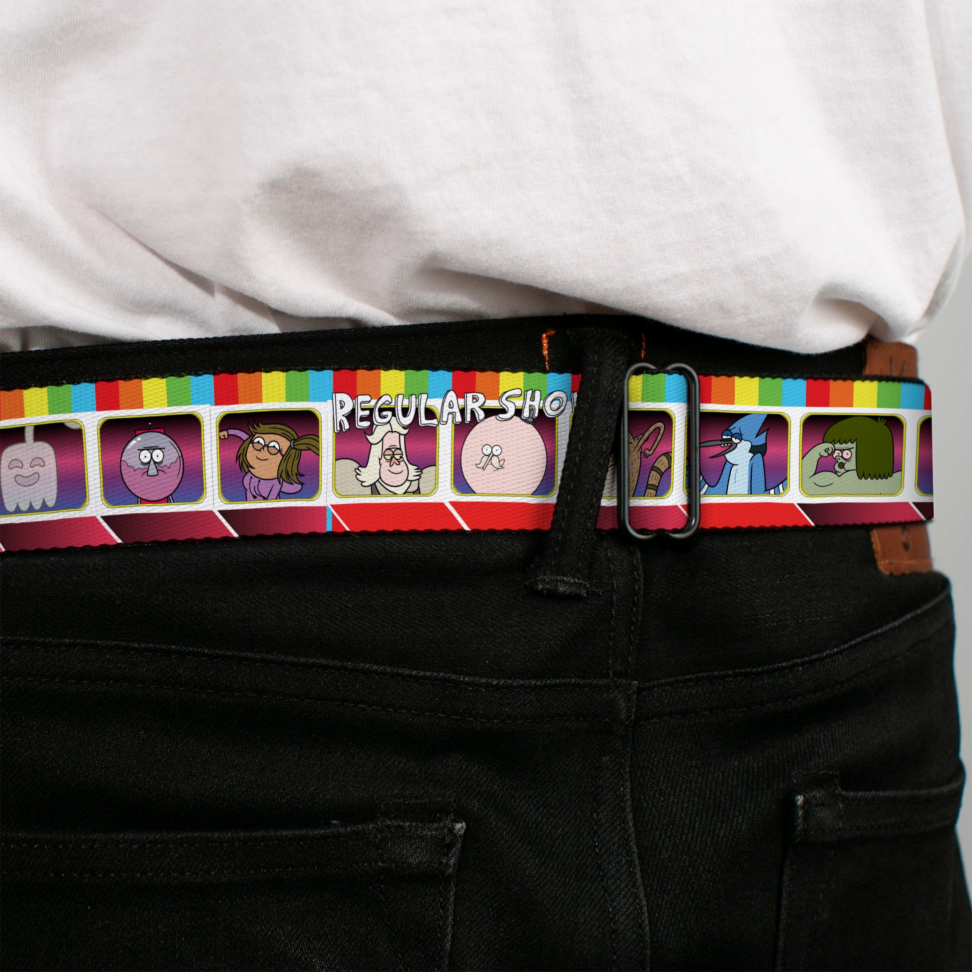 REGULAR SHOW Title Logo Full Color Black Seatbelt Belt - REGULAR SHOW Eight Character Face Blocks Multi Color Webbing Seatbelt Belts Regular Show
