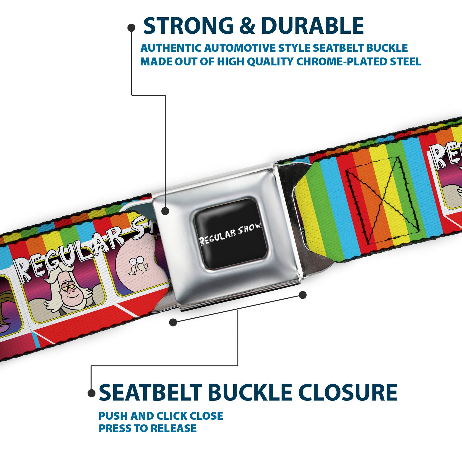 REGULAR SHOW Title Logo Full Color Black Seatbelt Belt - REGULAR SHOW Eight Character Face Blocks Multi Color Webbing Seatbelt Belts Regular Show