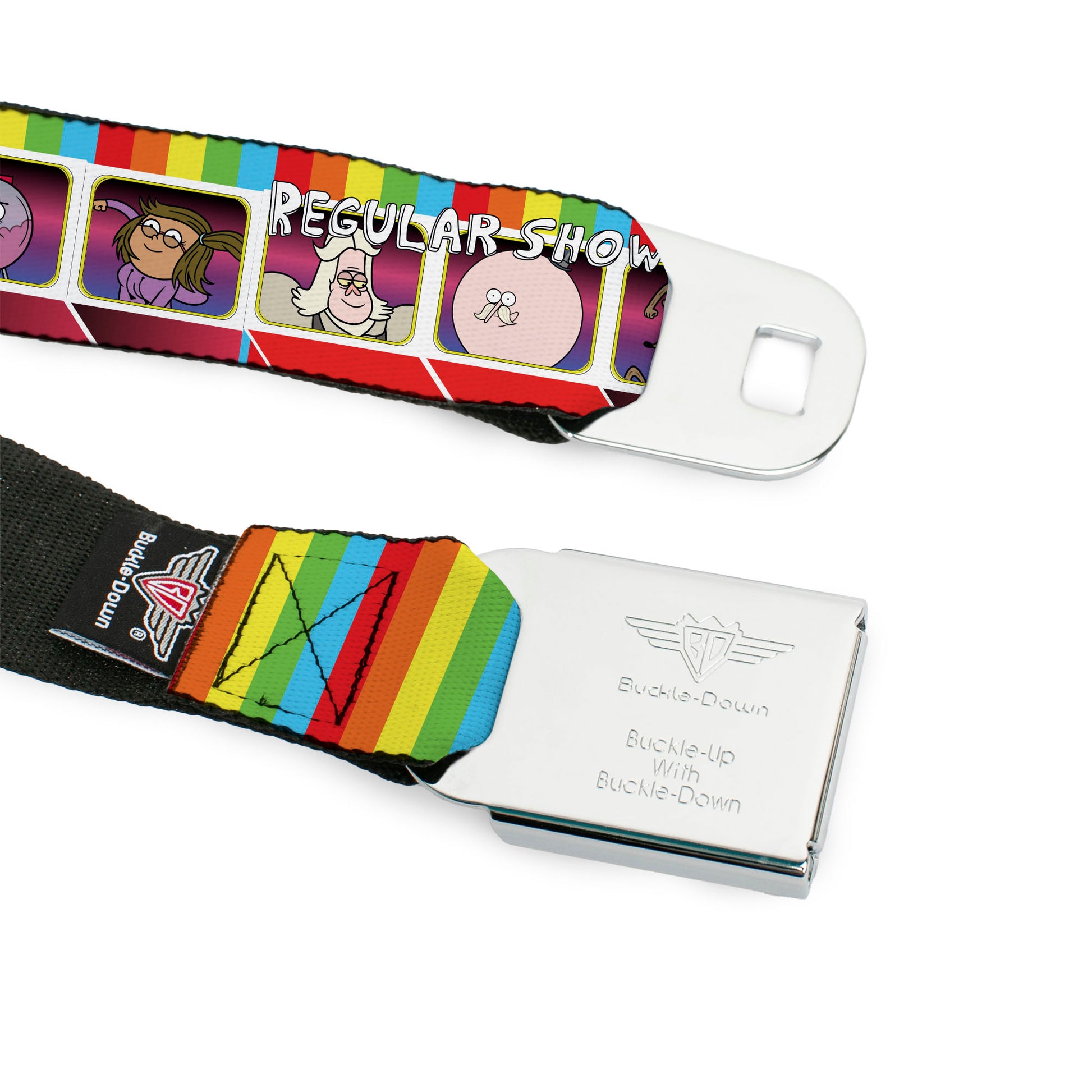 REGULAR SHOW Title Logo Full Color Black Seatbelt Belt - REGULAR SHOW Eight Character Face Blocks Multi Color Webbing Seatbelt Belts Regular Show