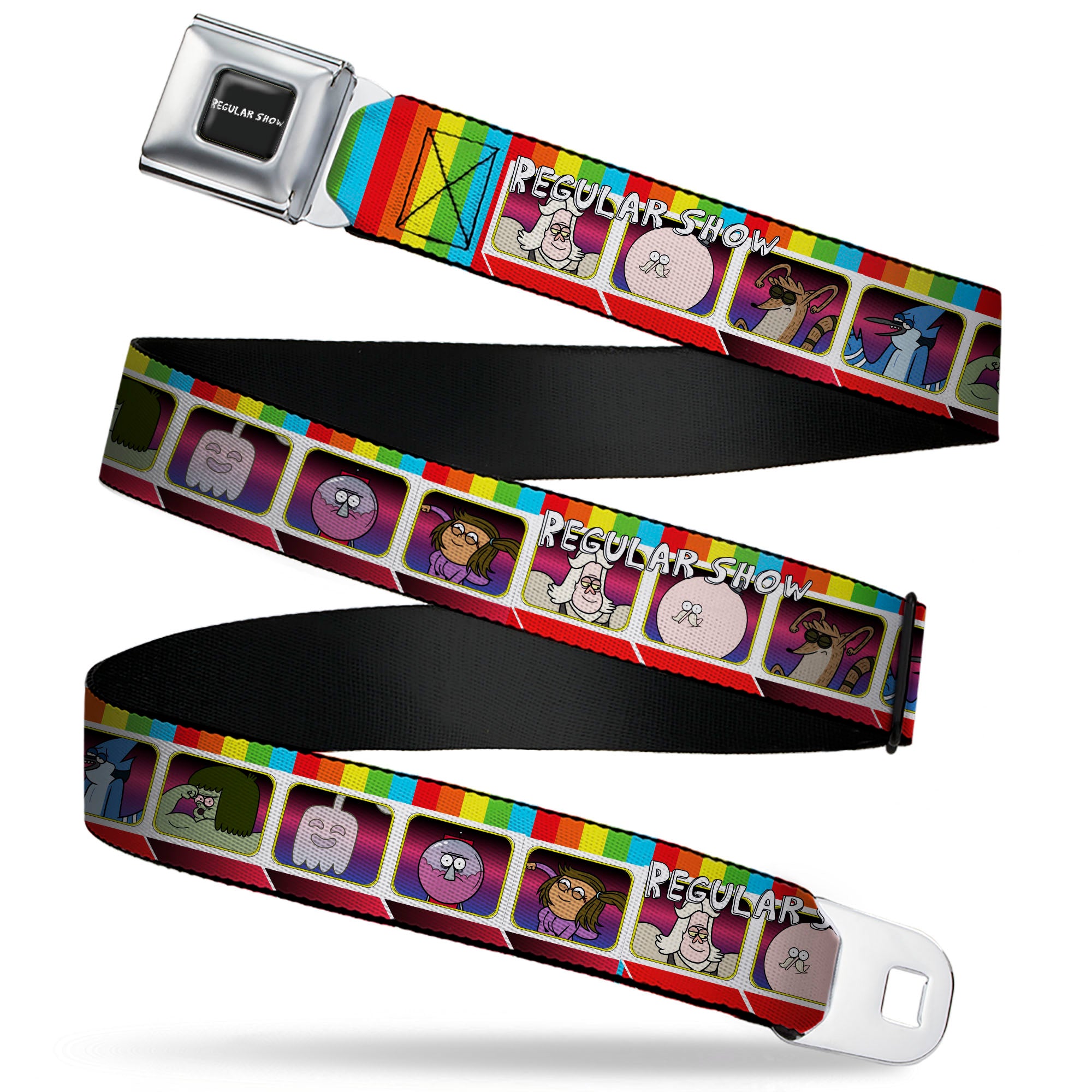 REGULAR SHOW Title Logo Full Color Black Seatbelt Belt - REGULAR SHOW Eight Character Face Blocks Multi Color Webbing Seatbelt Belts Regular Show