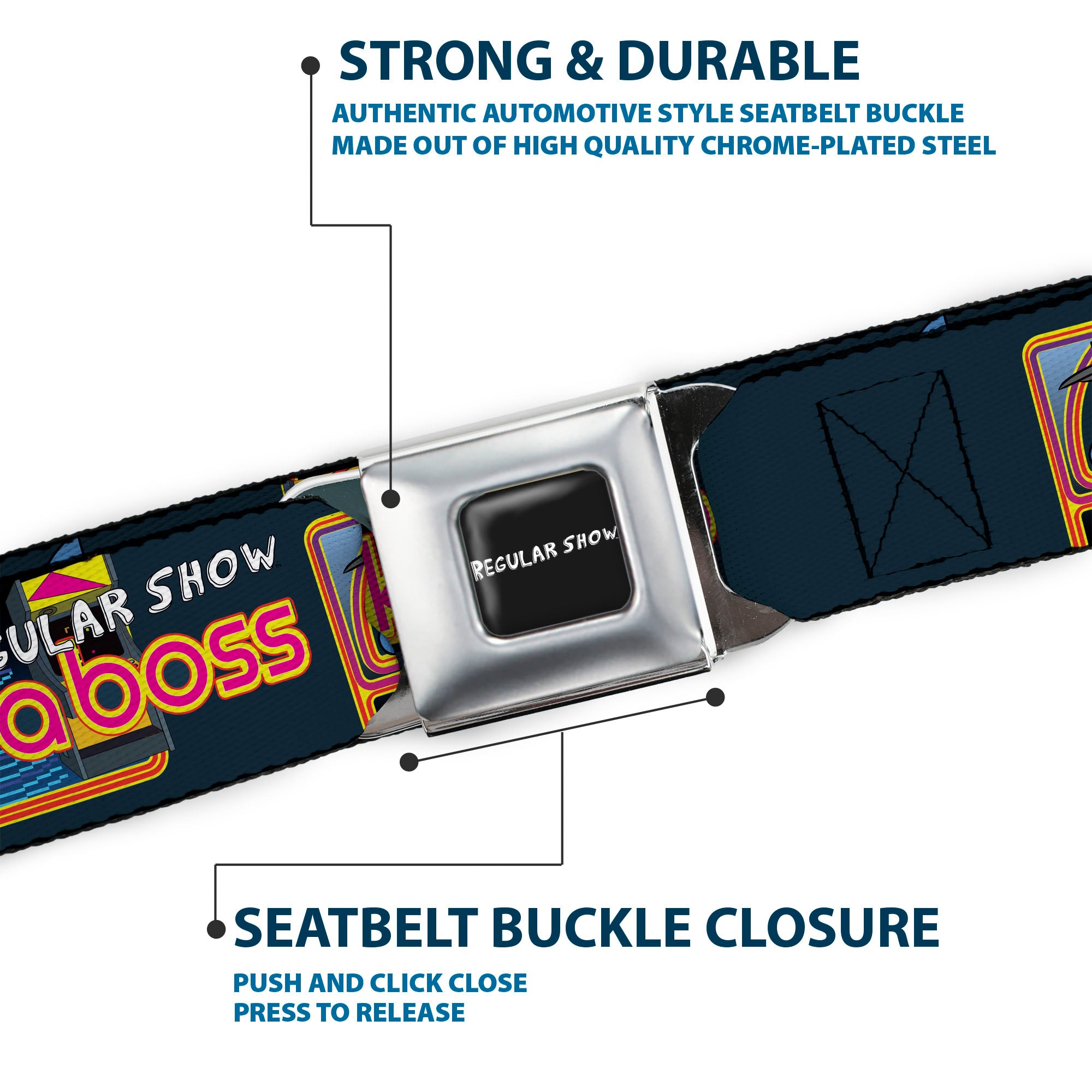 REGULAR SHOW Title Logo Full Color Black Seatbelt Belt - REGULAR SHOW Mordecai and Rigby LIKE A BOSS Pose Multi Color Webbing Seatbelt Belts Regular Show