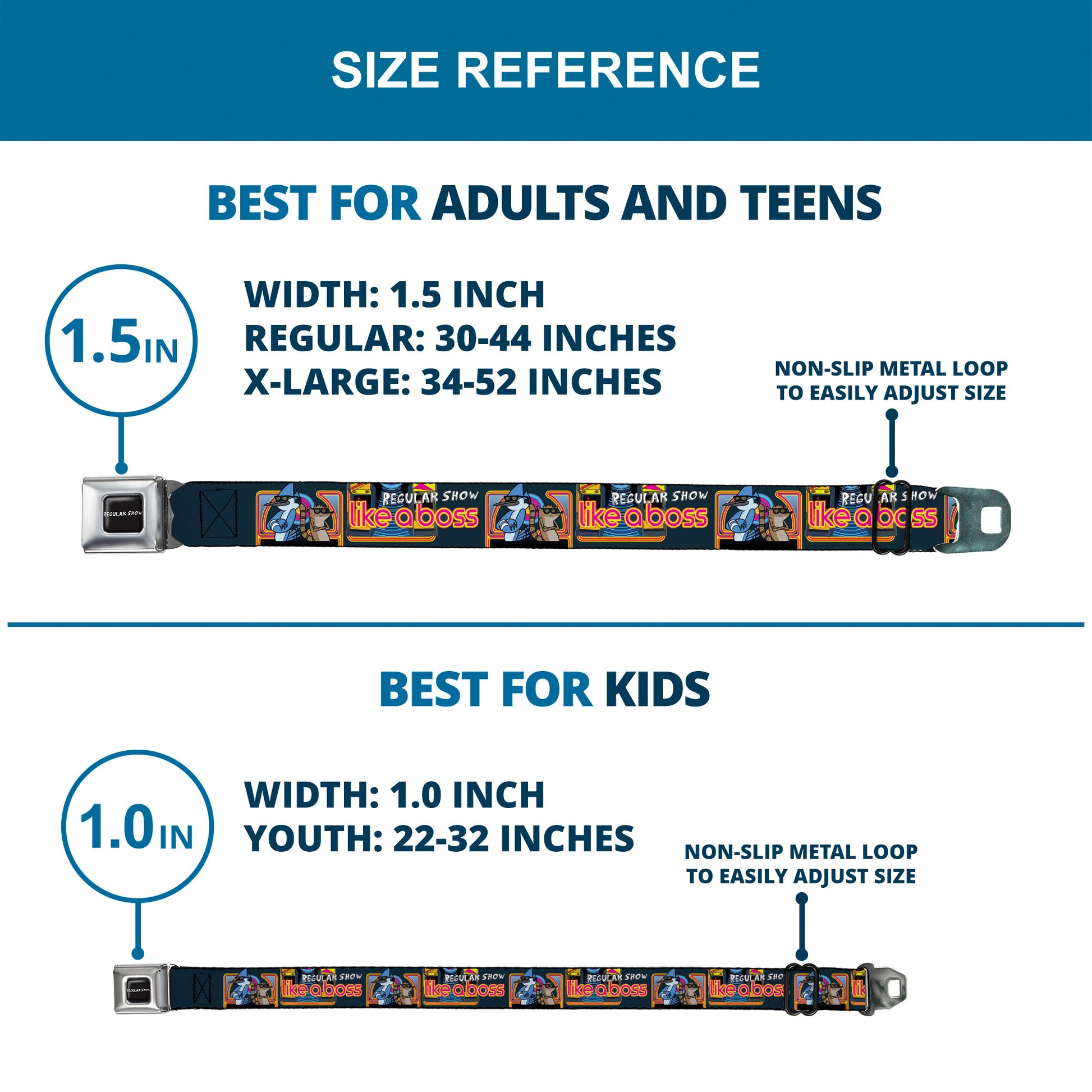 REGULAR SHOW Title Logo Full Color Black Seatbelt Belt - REGULAR SHOW Mordecai and Rigby LIKE A BOSS Pose Multi Color Webbing Seatbelt Belts Regular Show