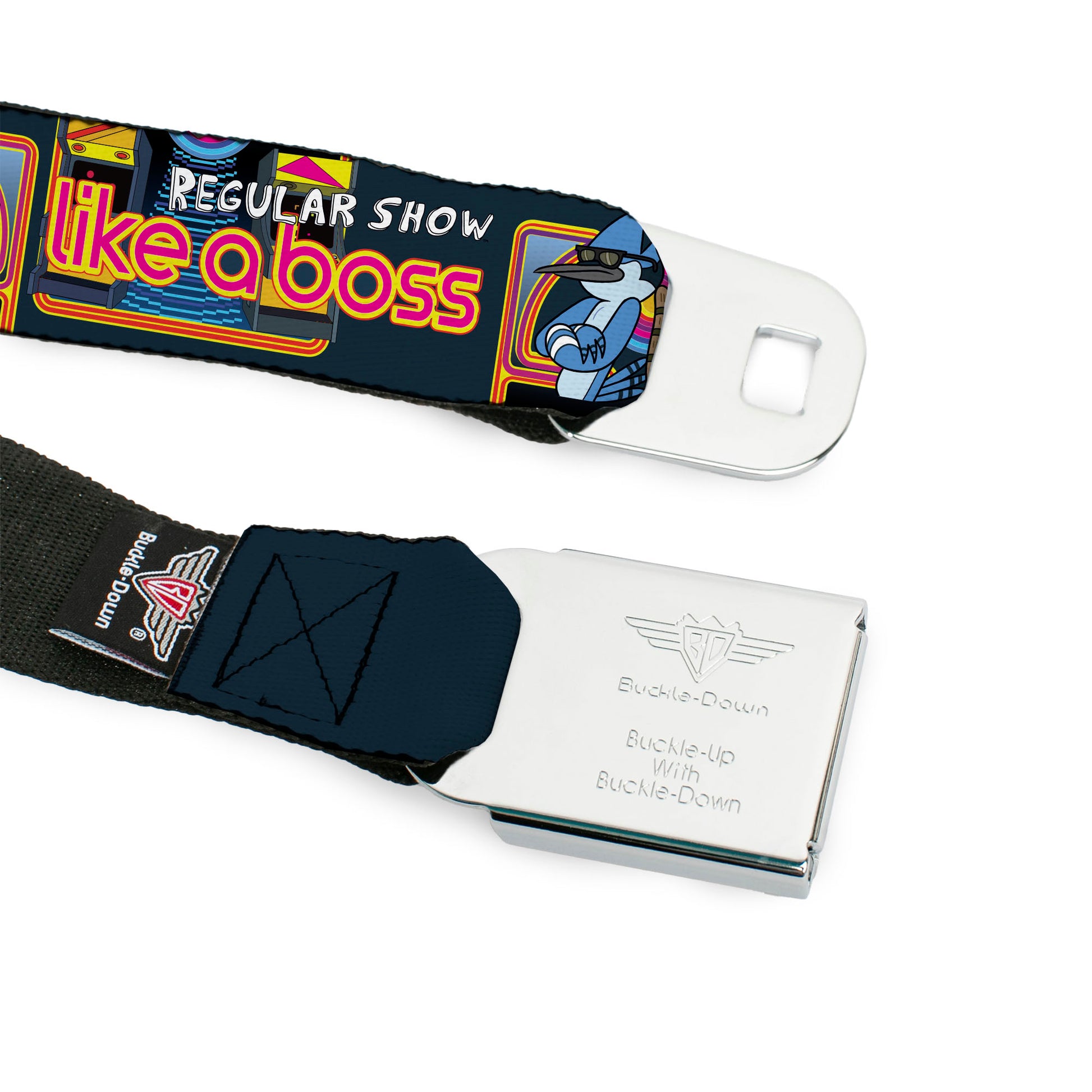 REGULAR SHOW Title Logo Full Color Black Seatbelt Belt - REGULAR SHOW Mordecai and Rigby LIKE A BOSS Pose Multi Color Webbing Seatbelt Belts Regular Show