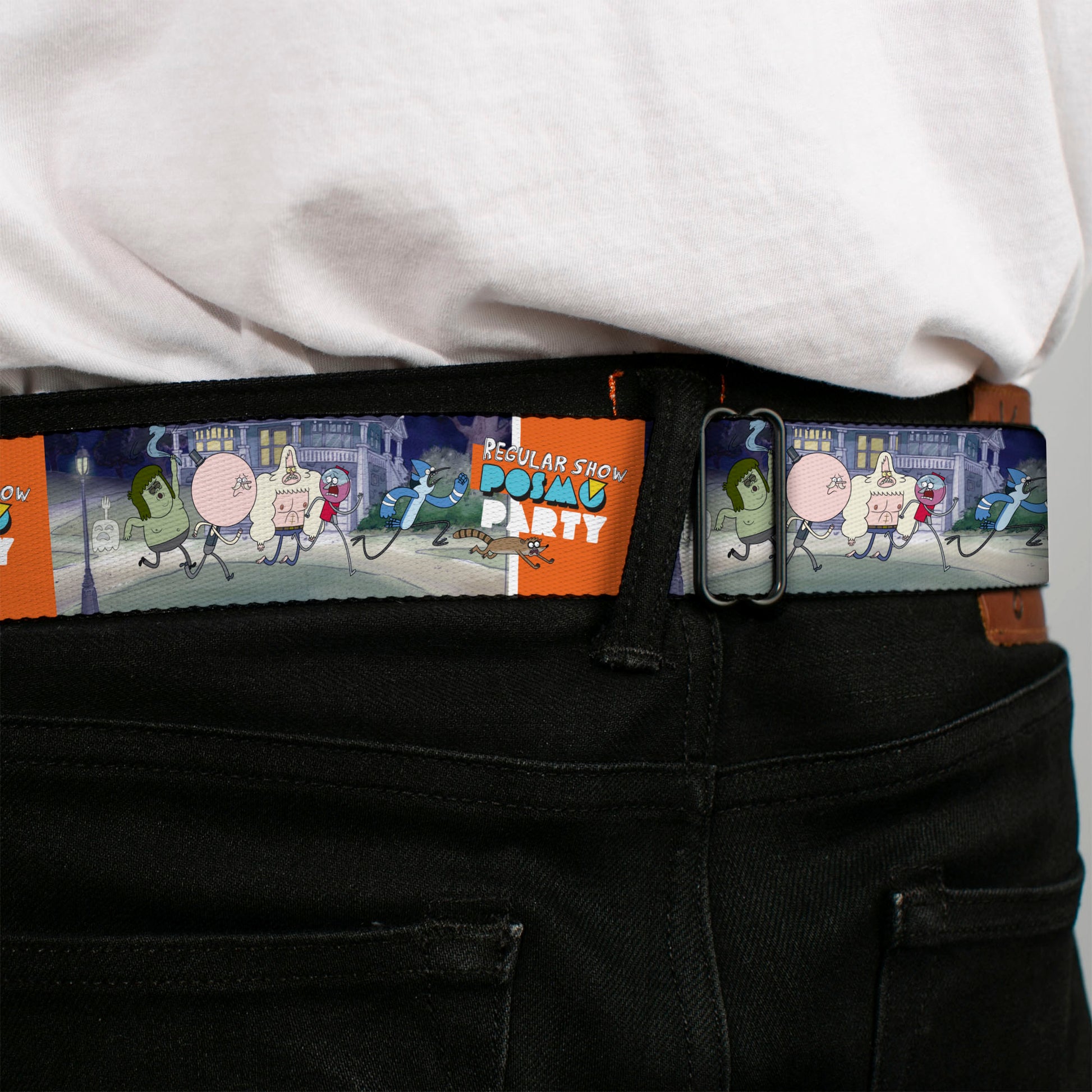 REGULAR SHOW Title Logo Full Color Black Seatbelt Belt - REGULAR SHOW Characters POSMO PARTY Running Group Pose Webbing Seatbelt Belts Regular Show