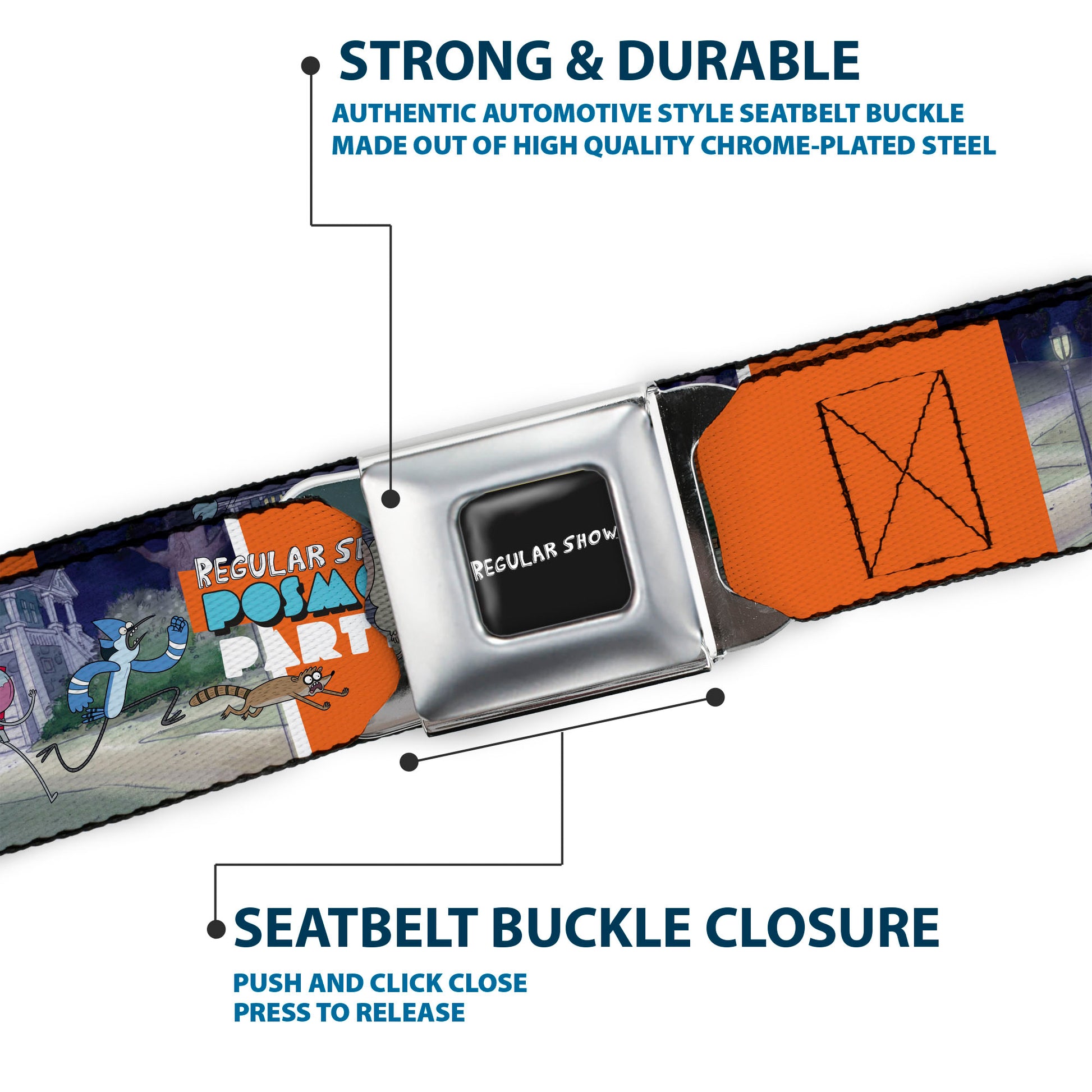 REGULAR SHOW Title Logo Full Color Black Seatbelt Belt - REGULAR SHOW Characters POSMO PARTY Running Group Pose Webbing Seatbelt Belts Regular Show