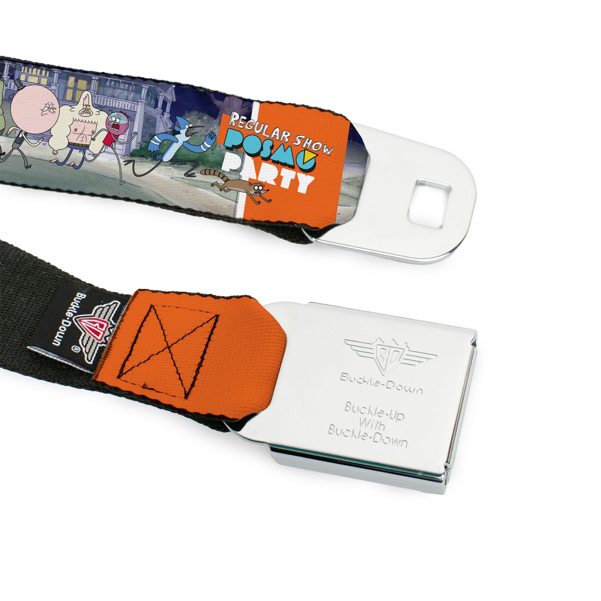 REGULAR SHOW Title Logo Full Color Black Seatbelt Belt - REGULAR SHOW Characters POSMO PARTY Running Group Pose Webbing Seatbelt Belts Regular Show