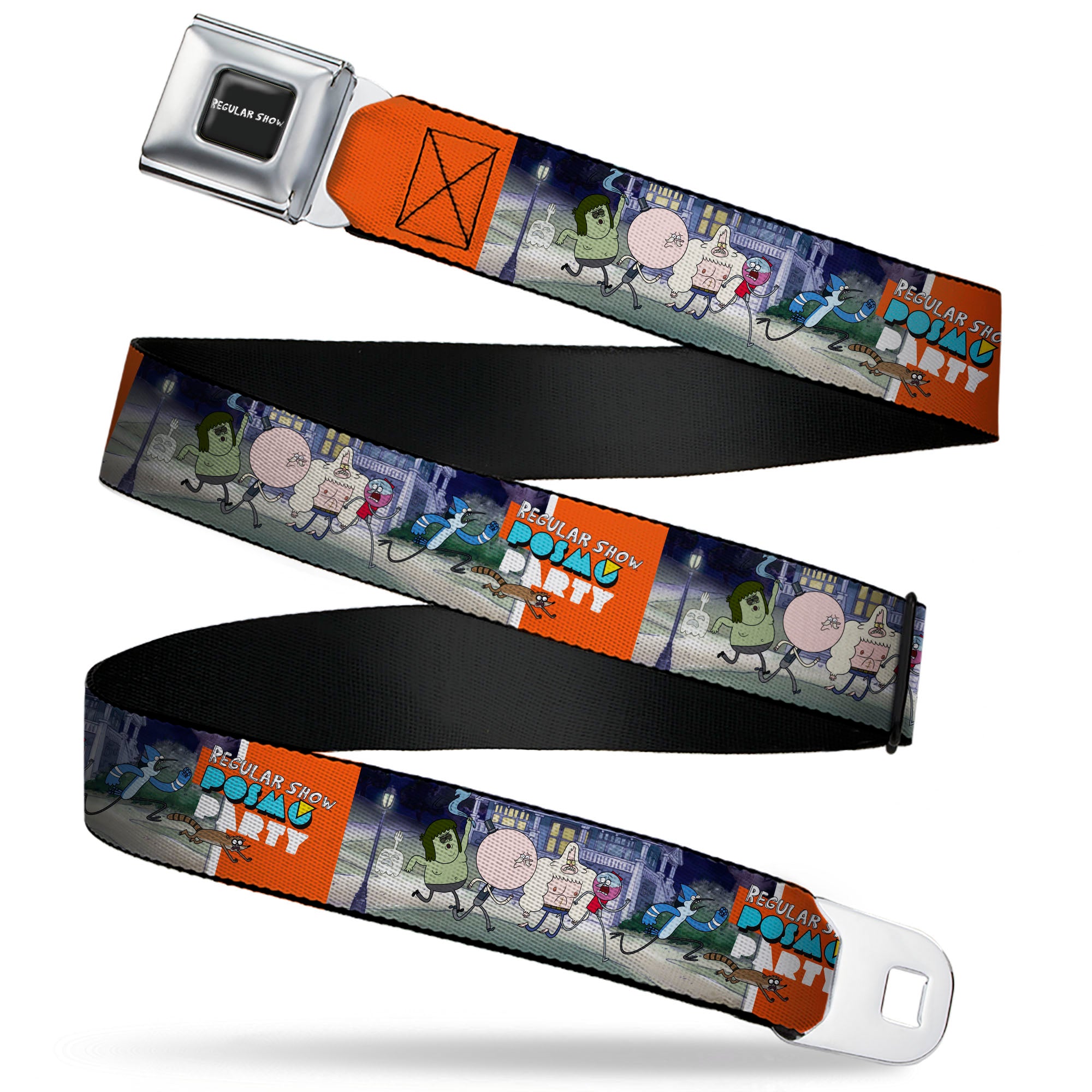 REGULAR SHOW Title Logo Full Color Black Seatbelt Belt - REGULAR SHOW Characters POSMO PARTY Running Group Pose Webbing Seatbelt Belts Regular Show