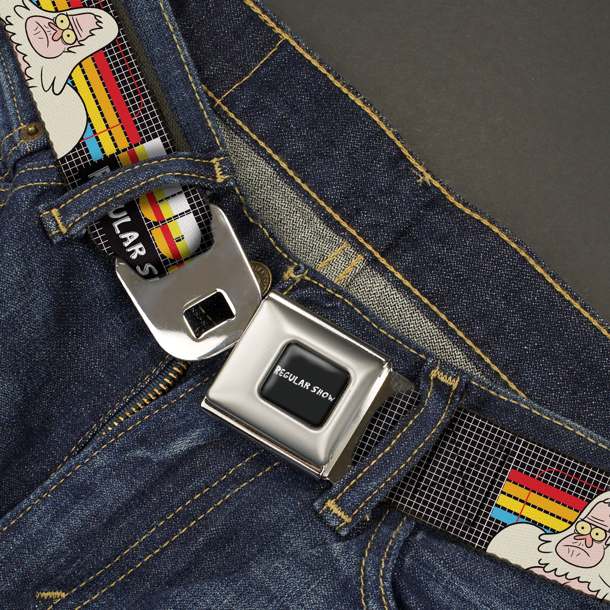 REGULAR SHOW Title Logo Full Color Black Seatbelt Belt - REGULAR SHOW Skips DUDE! Pose Stripes Black/Multi Color Webbing Seatbelt Belts Regular Show
