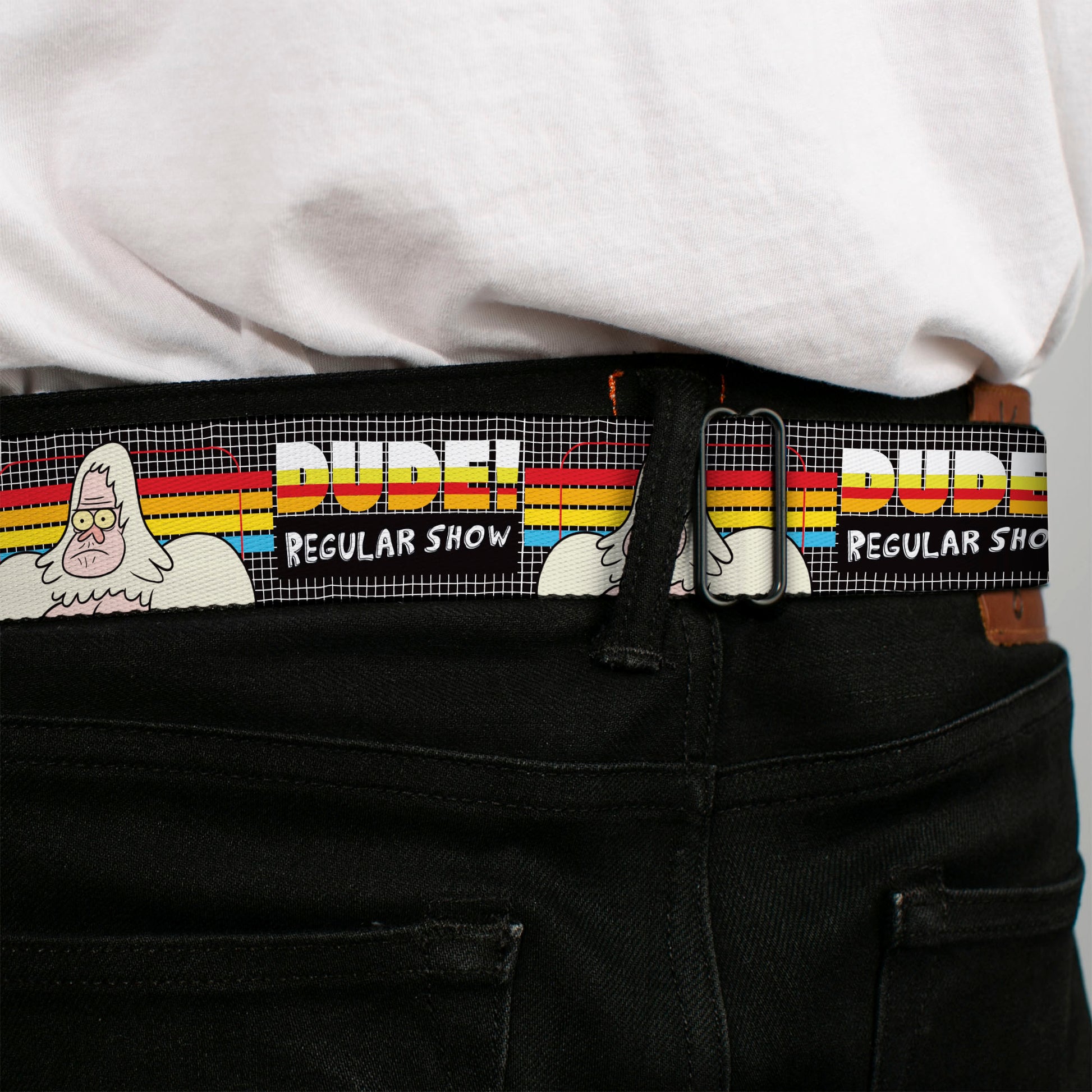 REGULAR SHOW Title Logo Full Color Black Seatbelt Belt - REGULAR SHOW Skips DUDE! Pose Stripes Black/Multi Color Webbing Seatbelt Belts Regular Show