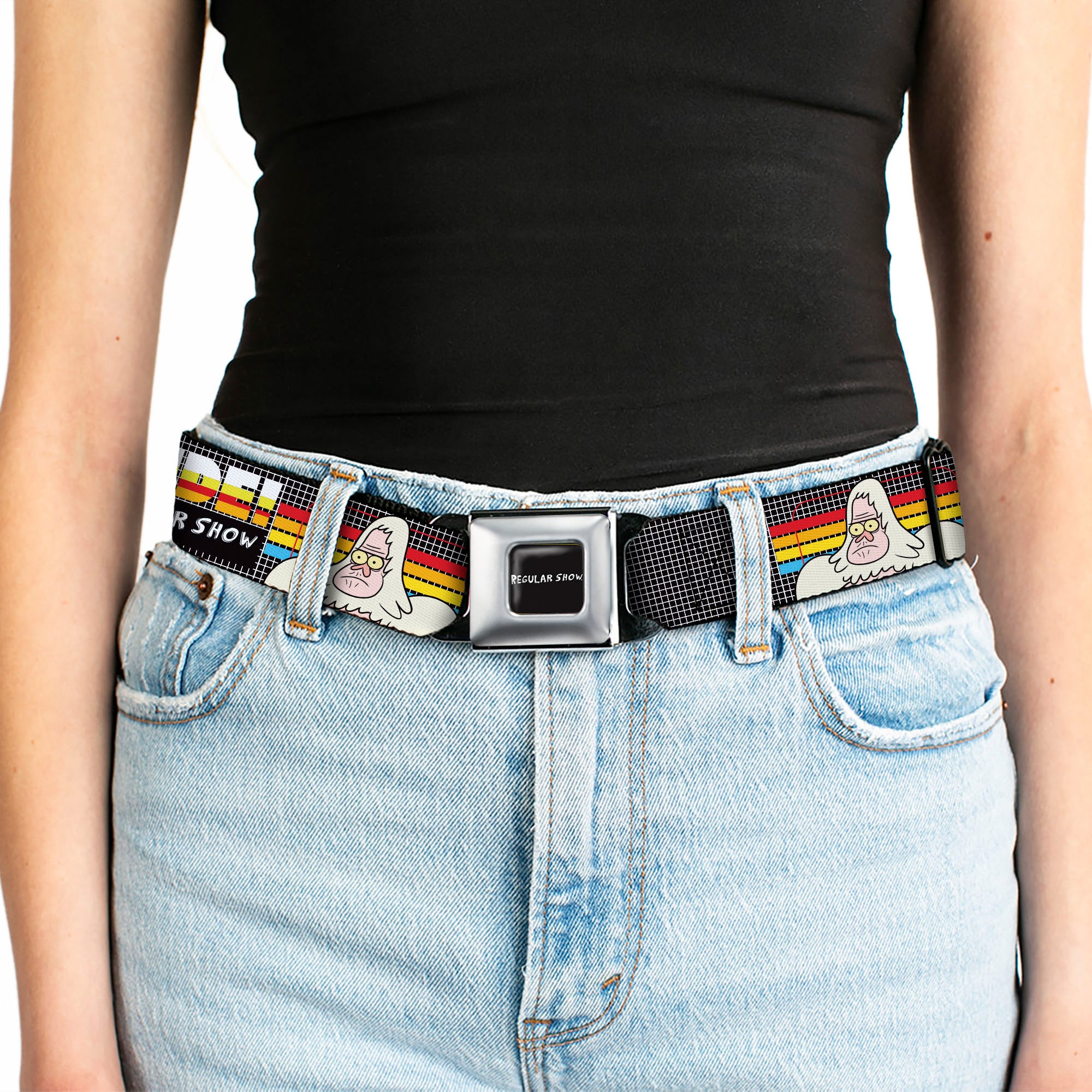 REGULAR SHOW Title Logo Full Color Black Seatbelt Belt - REGULAR SHOW Skips DUDE! Pose Stripes Black/Multi Color Webbing Seatbelt Belts Regular Show