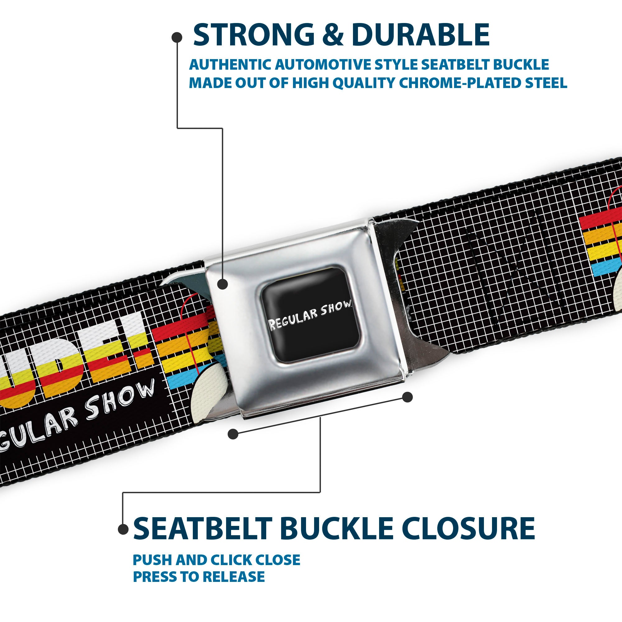 REGULAR SHOW Title Logo Full Color Black Seatbelt Belt - REGULAR SHOW Skips DUDE! Pose Stripes Black/Multi Color Webbing Seatbelt Belts Regular Show