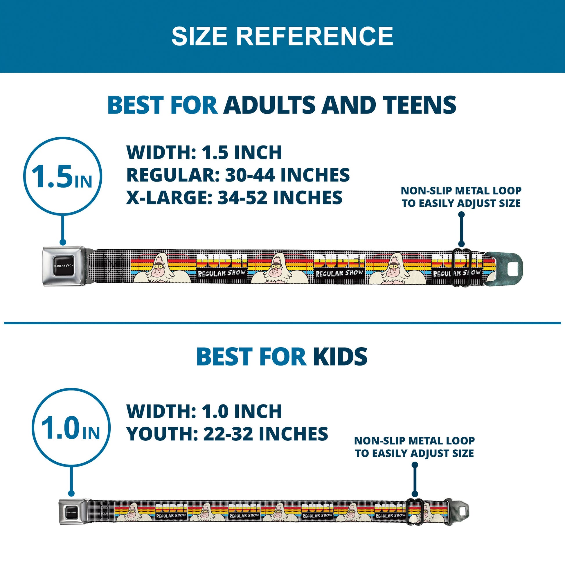 REGULAR SHOW Title Logo Full Color Black Seatbelt Belt - REGULAR SHOW Skips DUDE! Pose Stripes Black/Multi Color Webbing Seatbelt Belts Regular Show