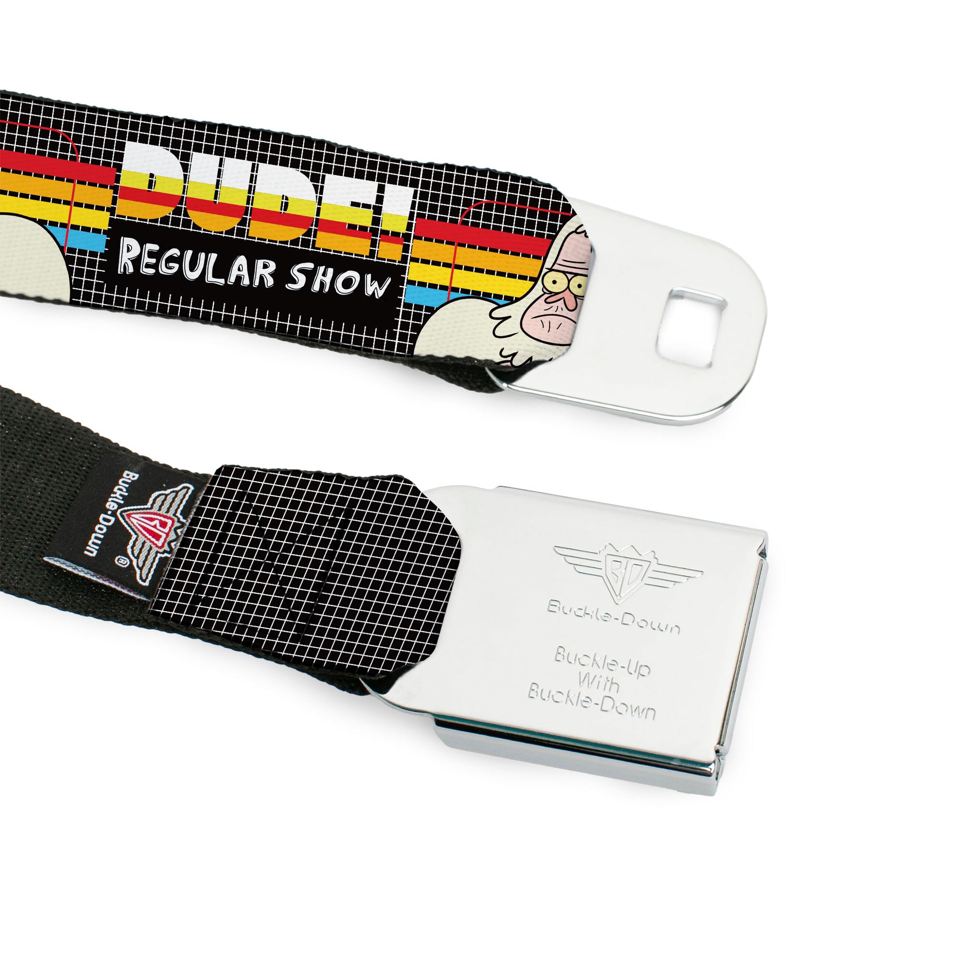 REGULAR SHOW Title Logo Full Color Black Seatbelt Belt - REGULAR SHOW Skips DUDE! Pose Stripes Black/Multi Color Webbing Seatbelt Belts Regular Show