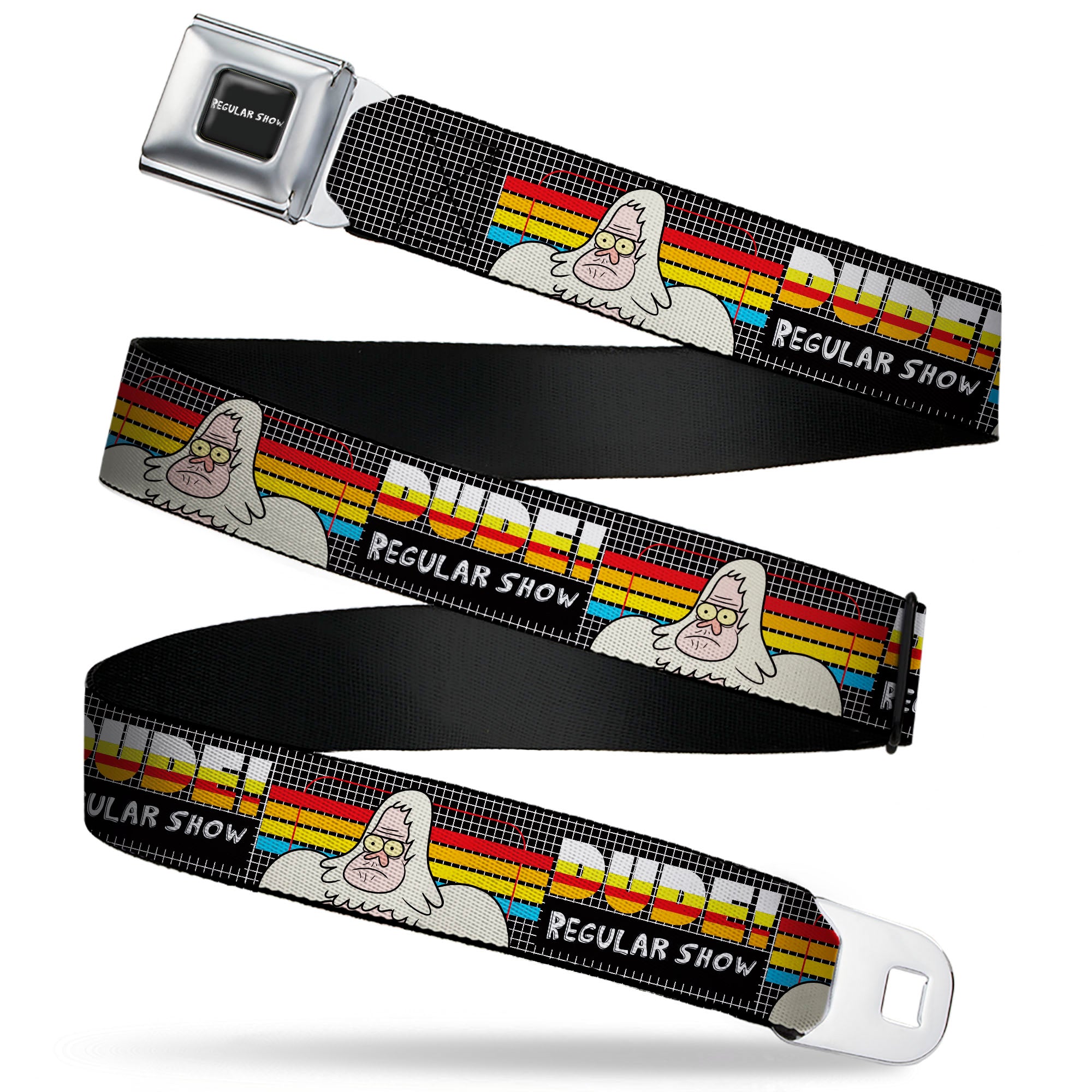 REGULAR SHOW Title Logo Full Color Black Seatbelt Belt - REGULAR SHOW Skips DUDE! Pose Stripes Black/Multi Color Webbing Seatbelt Belts Regular Show