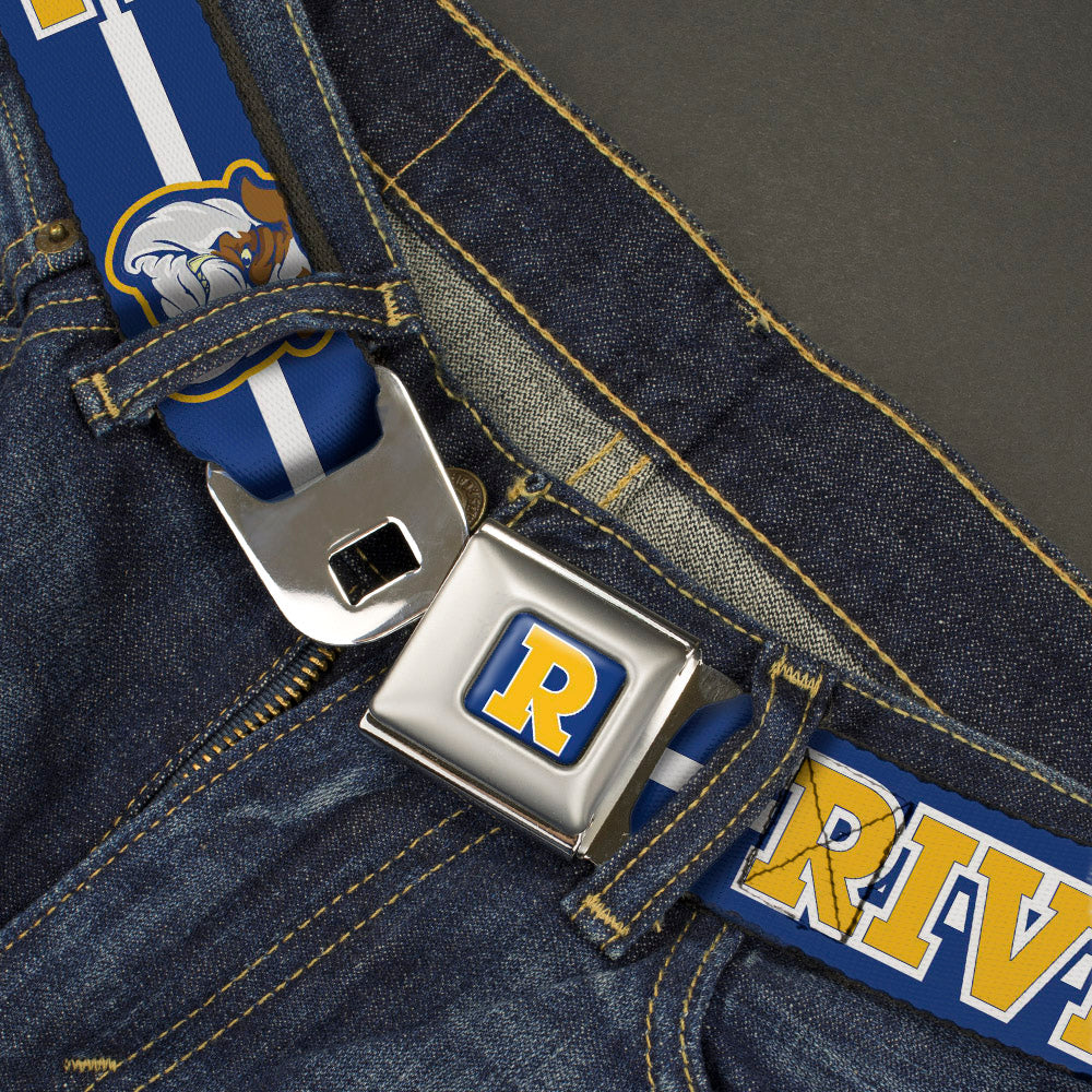 RIVERDALE "R" Logo Full Color Blue White Yellow Seatbelt Belt - RIVERDALE/Bulldog Mascot Stripe Blue/White/Yellow Webbing Seatbelt Belts Riverdale