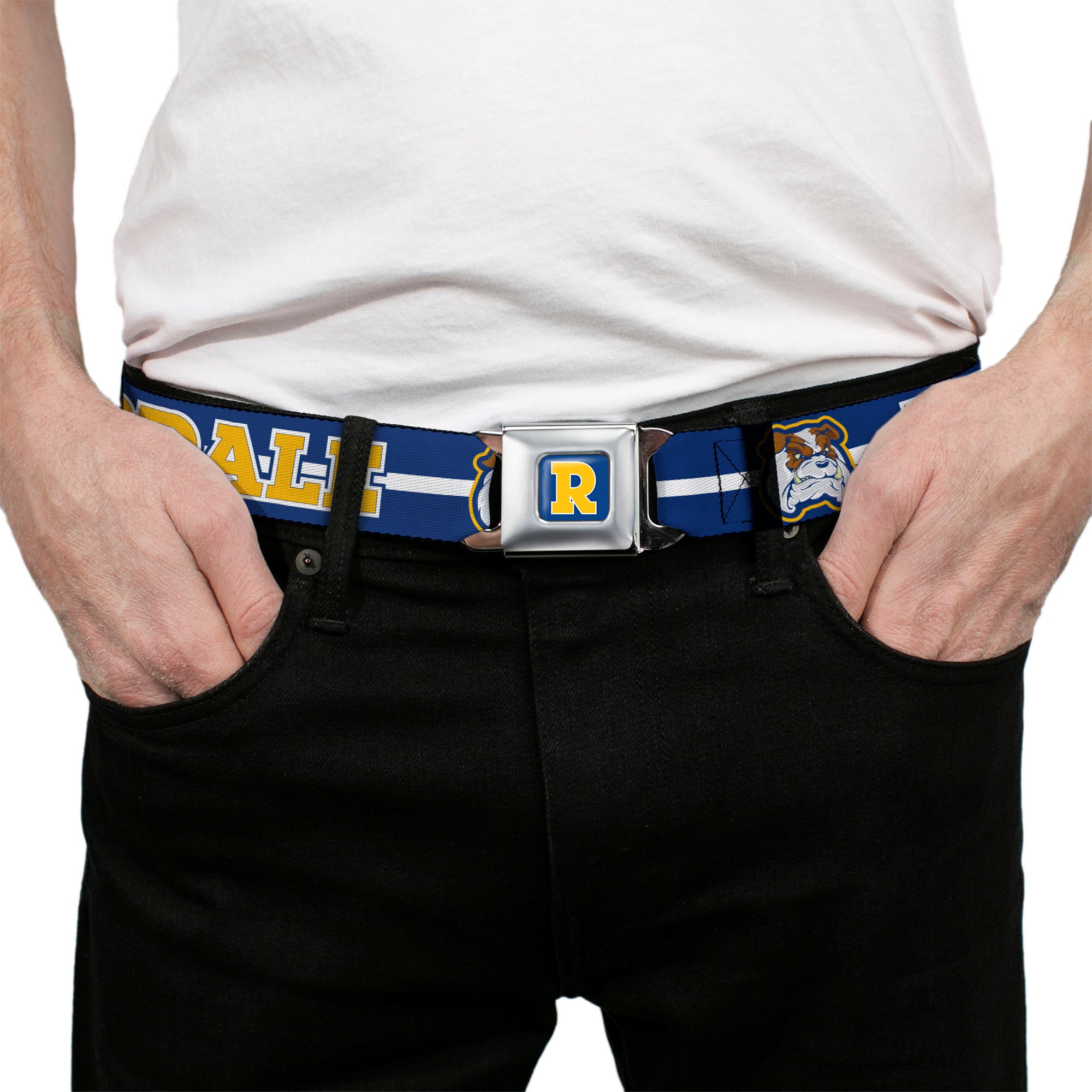 RIVERDALE "R" Logo Full Color Blue White Yellow Seatbelt Belt - RIVERDALE/Bulldog Mascot Stripe Blue/White/Yellow Webbing Seatbelt Belts Riverdale