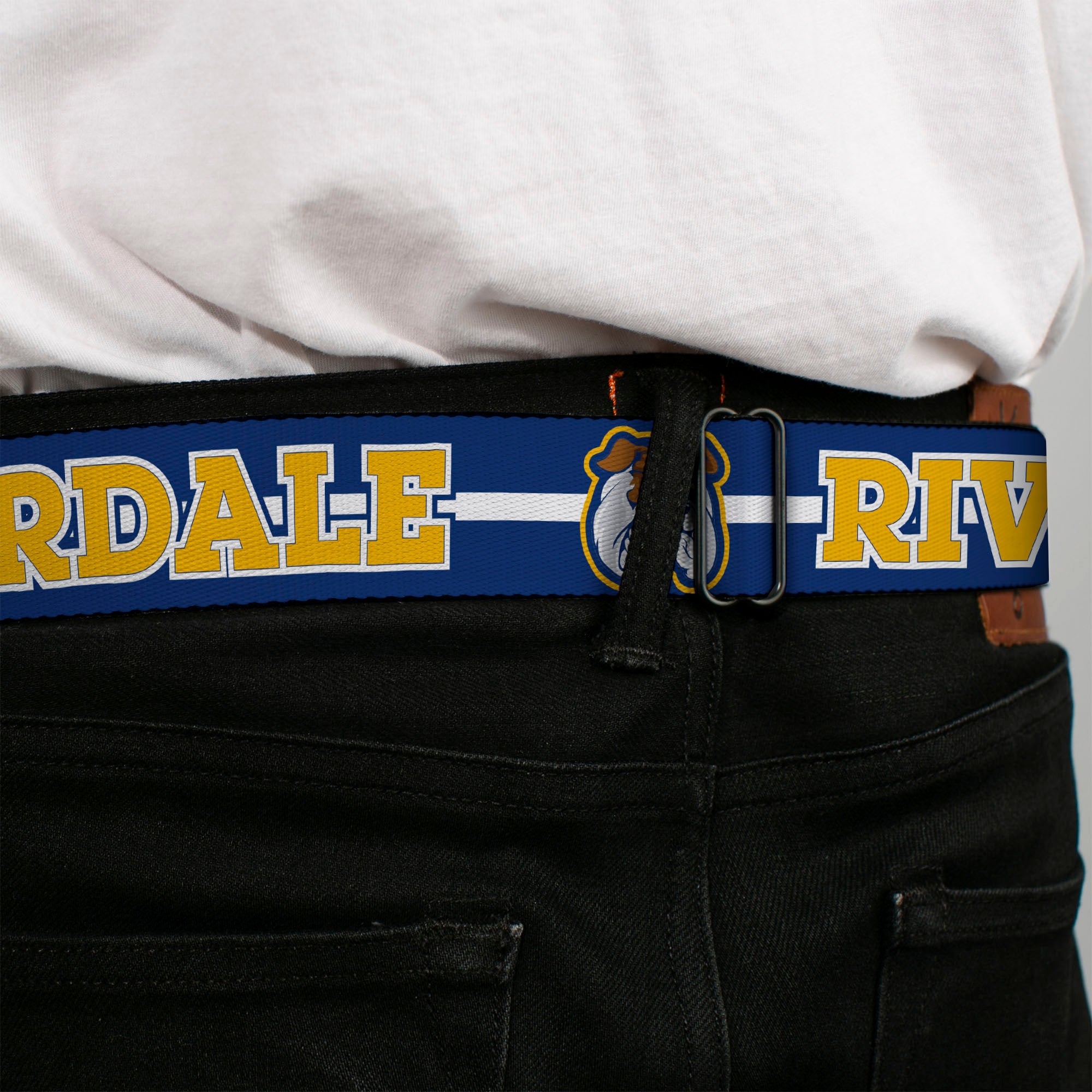 RIVERDALE "R" Logo Full Color Blue White Yellow Seatbelt Belt - RIVERDALE/Bulldog Mascot Stripe Blue/White/Yellow Webbing Seatbelt Belts Riverdale