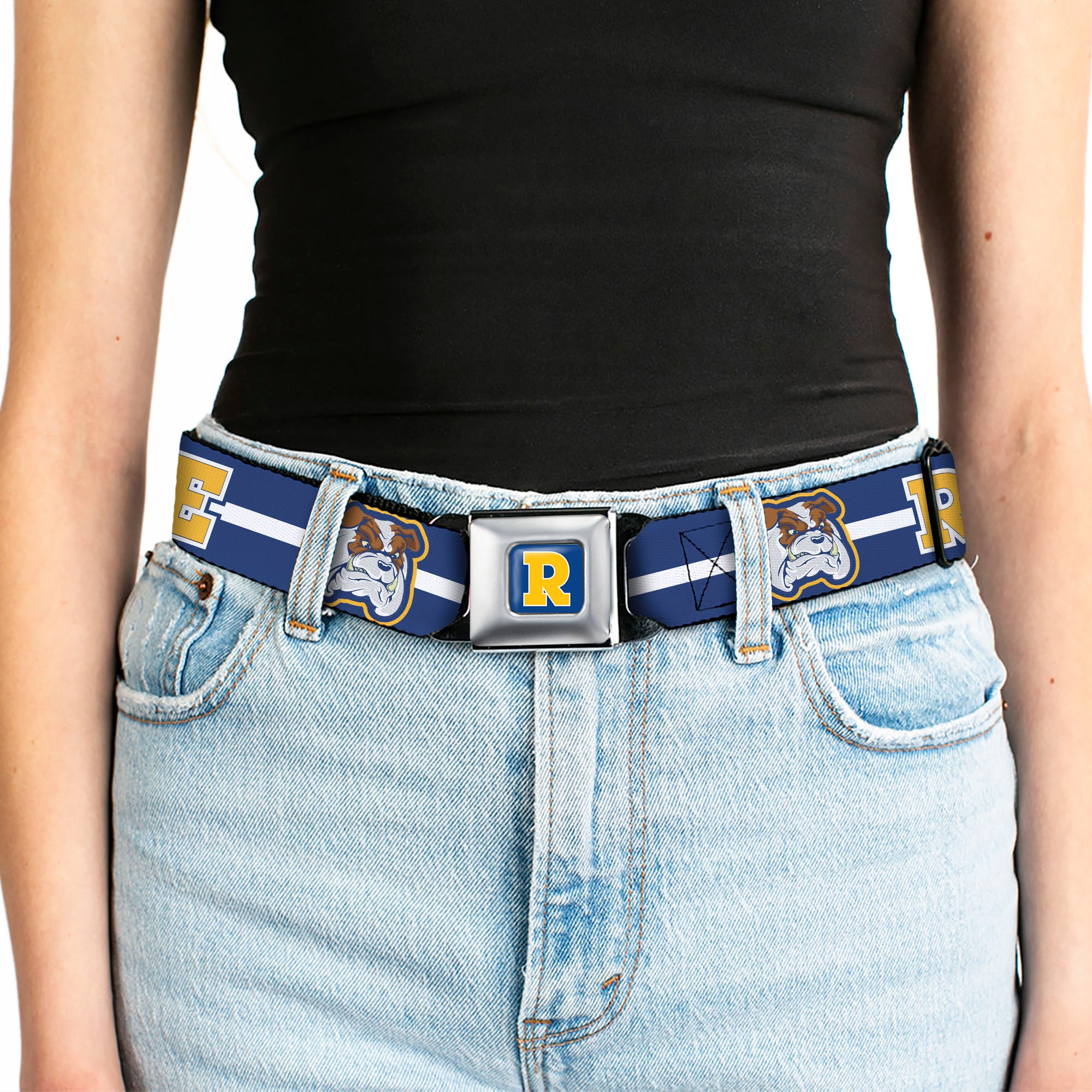 RIVERDALE "R" Logo Full Color Blue White Yellow Seatbelt Belt - RIVERDALE/Bulldog Mascot Stripe Blue/White/Yellow Webbing Seatbelt Belts Riverdale