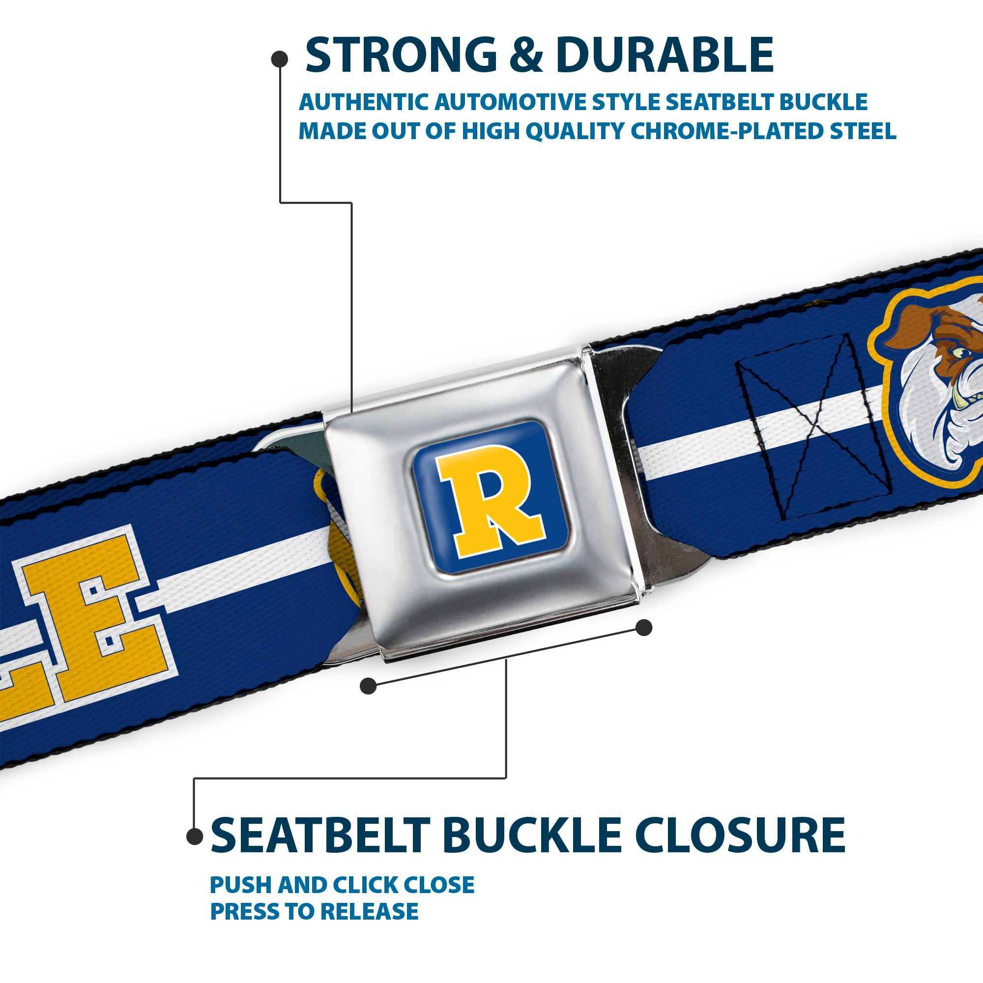 RIVERDALE "R" Logo Full Color Blue White Yellow Seatbelt Belt - RIVERDALE/Bulldog Mascot Stripe Blue/White/Yellow Webbing Seatbelt Belts Riverdale