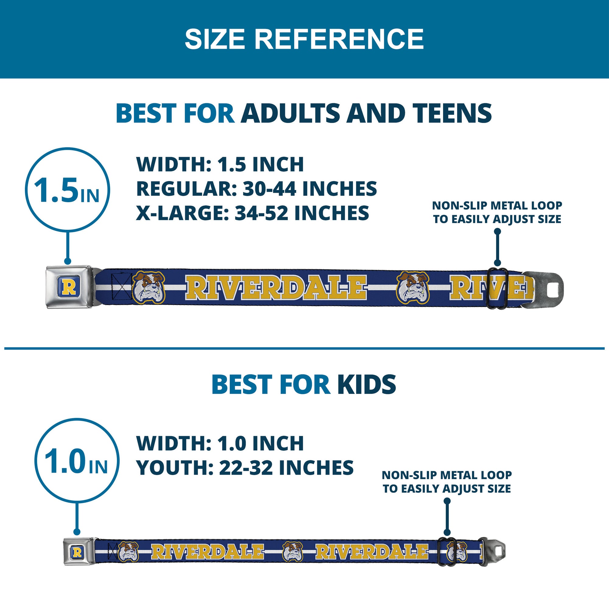 RIVERDALE "R" Logo Full Color Blue White Yellow Seatbelt Belt - RIVERDALE/Bulldog Mascot Stripe Blue/White/Yellow Webbing Seatbelt Belts Riverdale