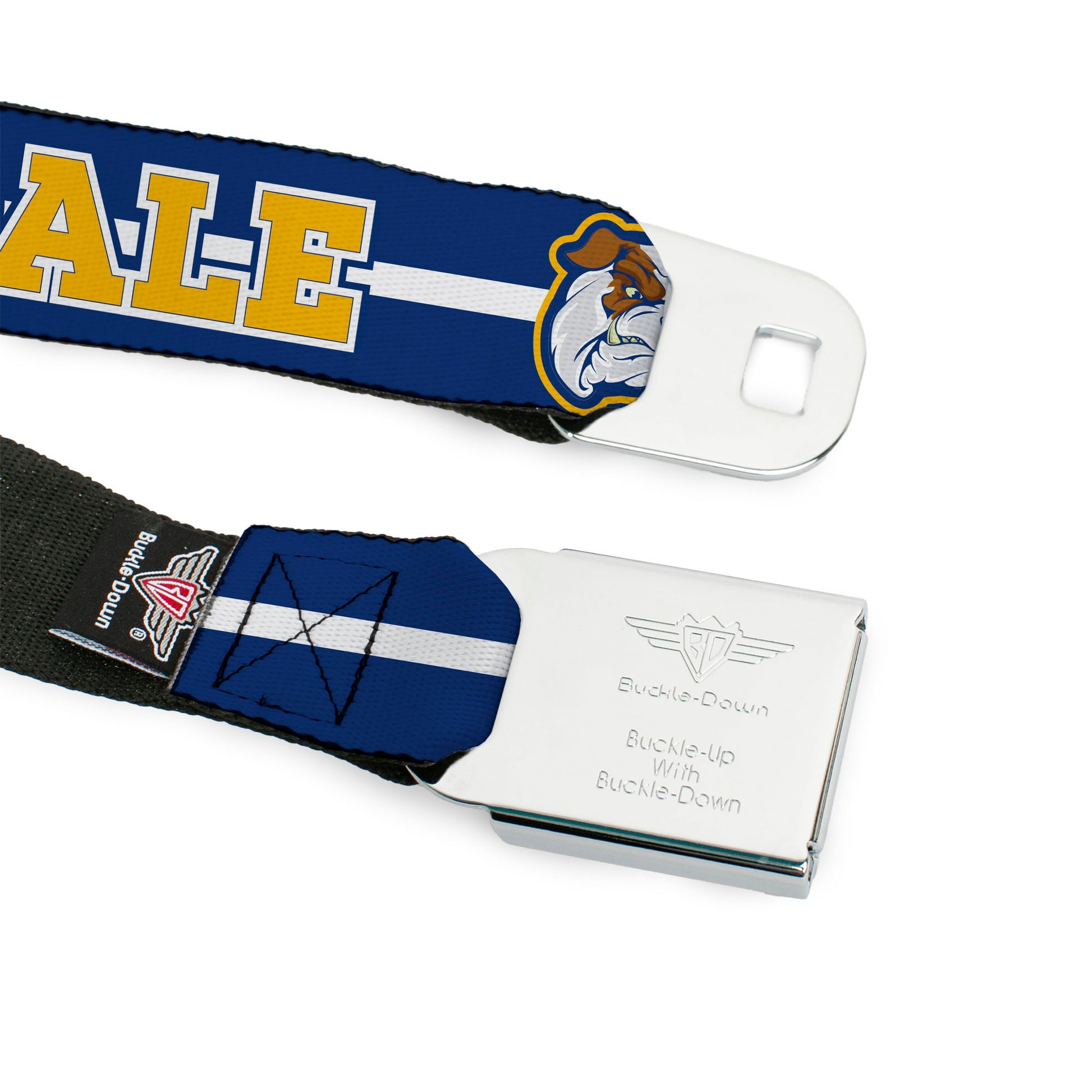 RIVERDALE "R" Logo Full Color Blue White Yellow Seatbelt Belt - RIVERDALE/Bulldog Mascot Stripe Blue/White/Yellow Webbing Seatbelt Belts Riverdale