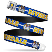 RIVERDALE "R" Logo Full Color Blue White Yellow Seatbelt Belt - RIVERDALE/Bulldog Mascot Stripe Blue/White/Yellow Webbing Seatbelt Belts Riverdale