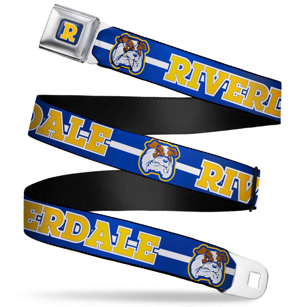 RIVERDALE "R" Logo Full Color Blue White Yellow Seatbelt Belt - RIVERDALE/Bulldog Mascot Stripe Blue/White/Yellow Webbing Seatbelt Belts Riverdale