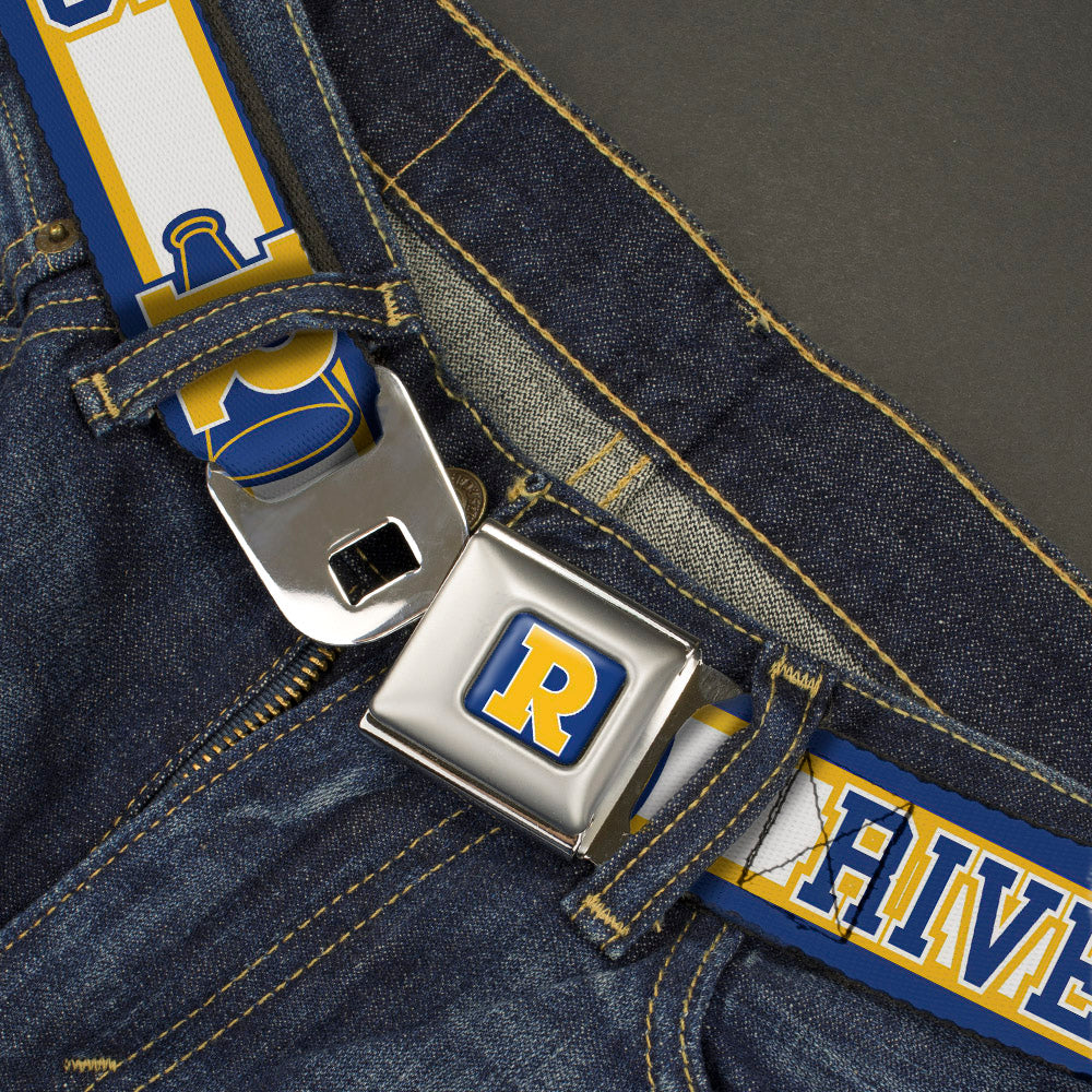 RIVERDALE "R" Logo Full Color Blue White Yellow Seatbelt Belt - RIVER VIXENS/Cheer Logo Stripe Blue/White/Yellow Webbing Seatbelt Belts Riverdale