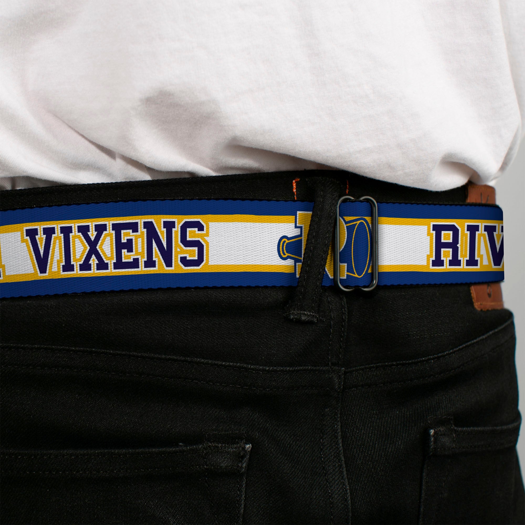 RIVERDALE "R" Logo Full Color Blue White Yellow Seatbelt Belt - RIVER VIXENS/Cheer Logo Stripe Blue/White/Yellow Webbing Seatbelt Belts Riverdale
