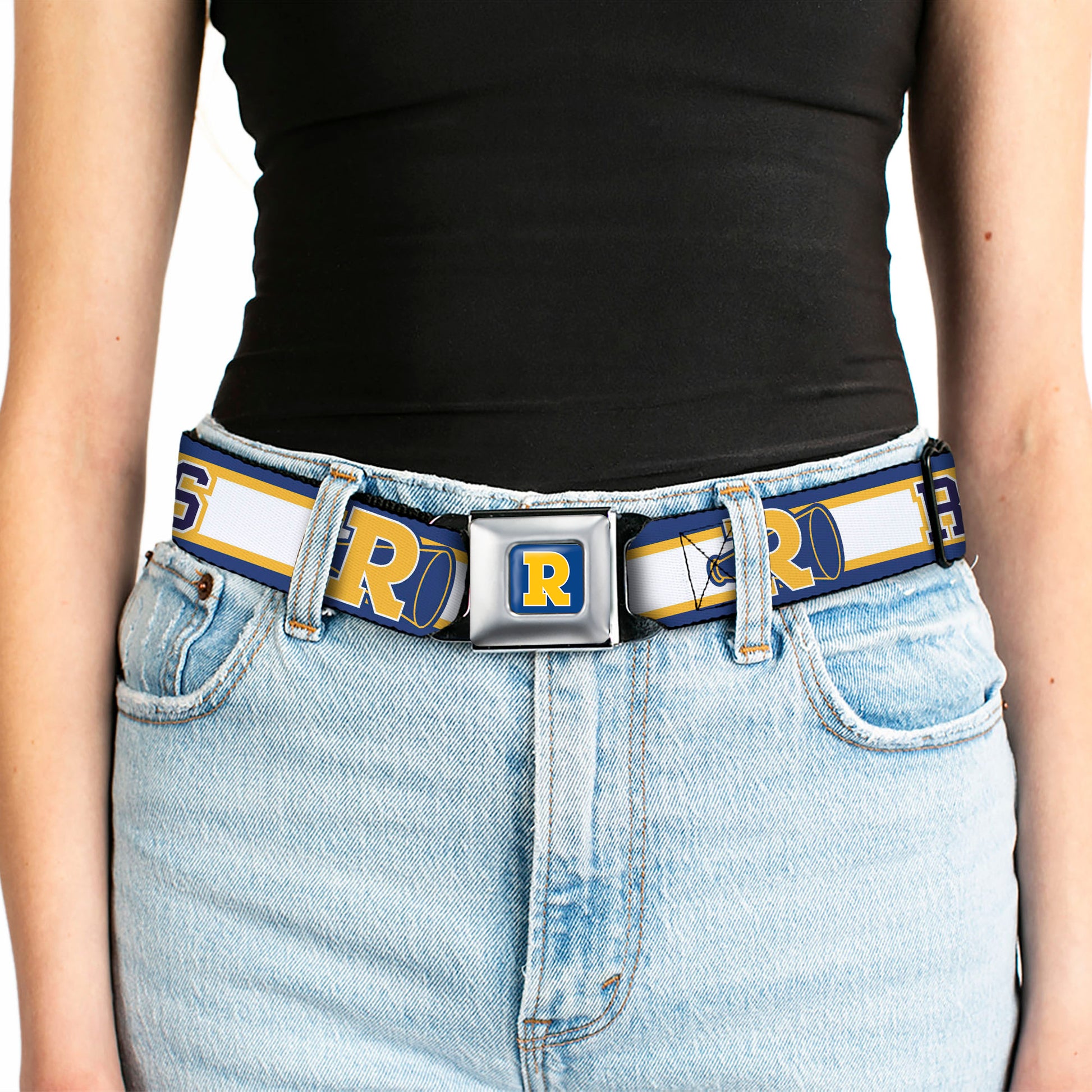 RIVERDALE "R" Logo Full Color Blue White Yellow Seatbelt Belt - RIVER VIXENS/Cheer Logo Stripe Blue/White/Yellow Webbing Seatbelt Belts Riverdale