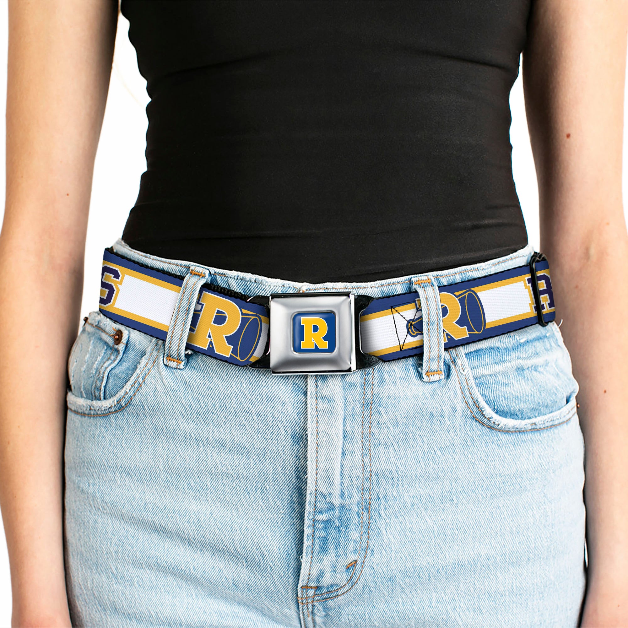 RIVERDALE "R" Logo Full Color Blue White Yellow Seatbelt Belt - RIVER VIXENS/Cheer Logo Stripe Blue/White/Yellow Webbing Seatbelt Belts Riverdale