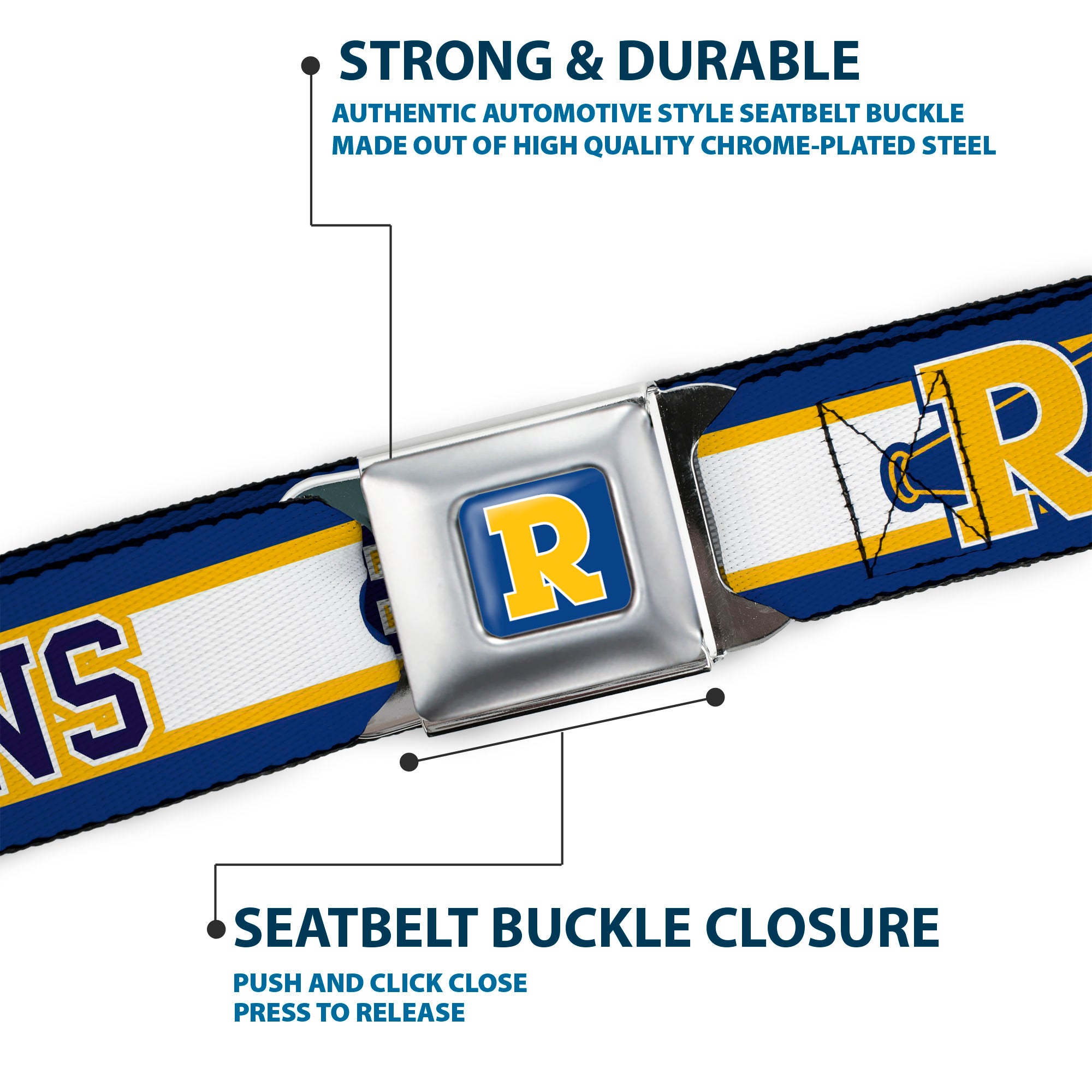 RIVERDALE "R" Logo Full Color Blue White Yellow Seatbelt Belt - RIVER VIXENS/Cheer Logo Stripe Blue/White/Yellow Webbing Seatbelt Belts Riverdale
