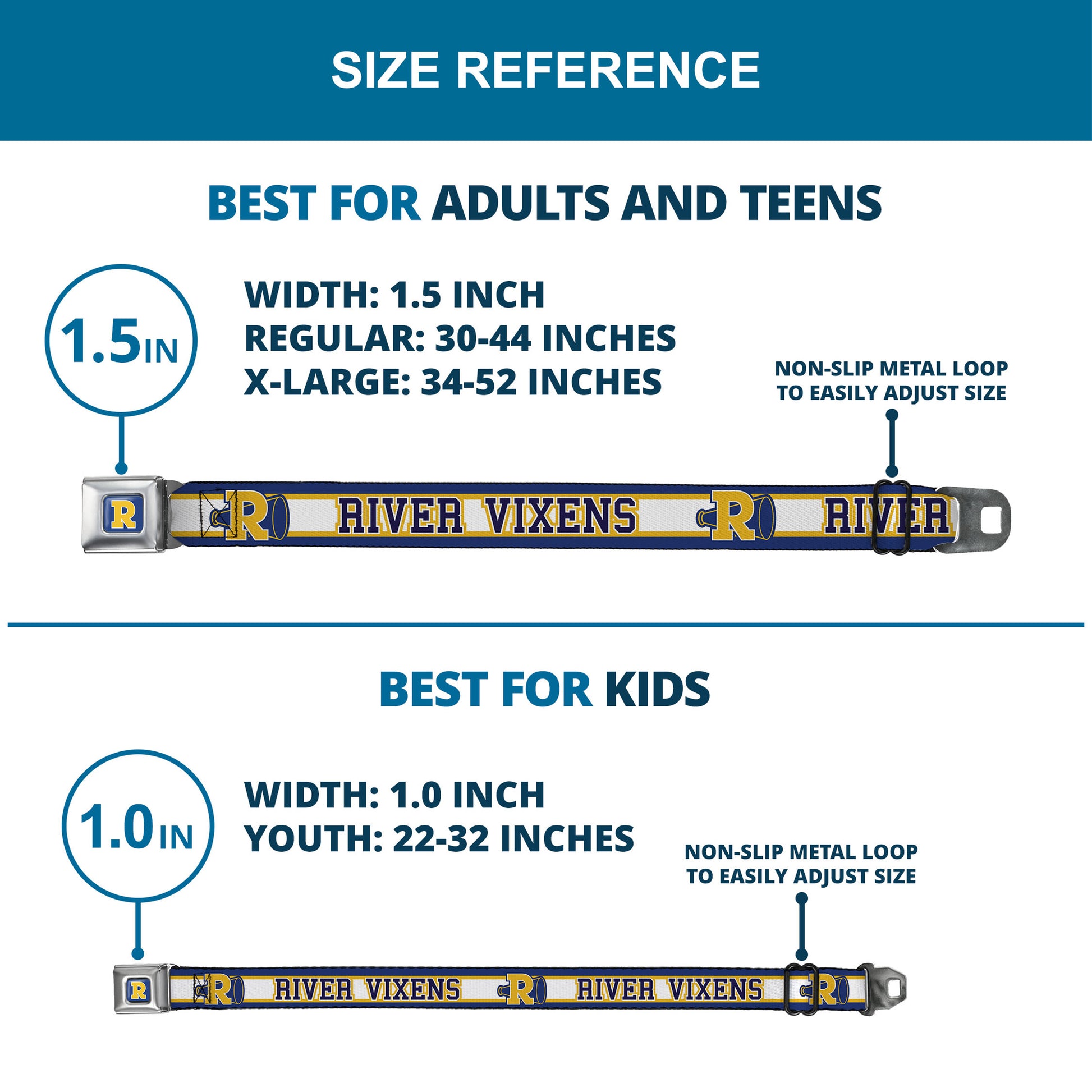 RIVERDALE "R" Logo Full Color Blue White Yellow Seatbelt Belt - RIVER VIXENS/Cheer Logo Stripe Blue/White/Yellow Webbing Seatbelt Belts Riverdale