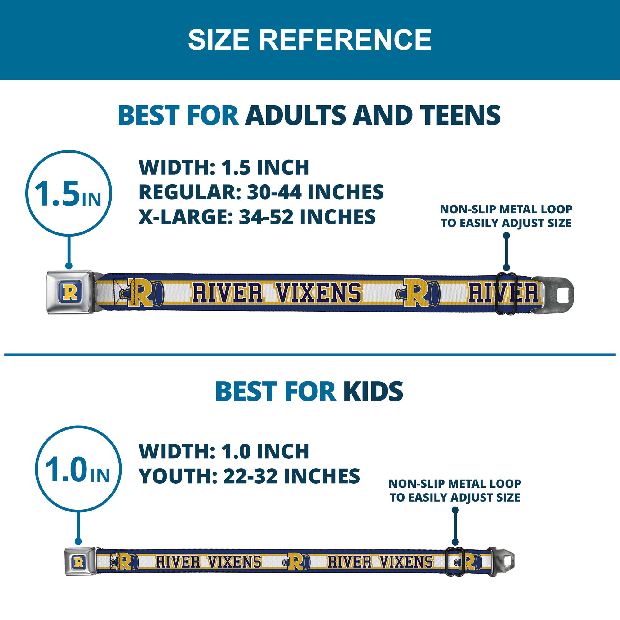 RIVERDALE "R" Logo Full Color Blue White Yellow Seatbelt Belt - RIVER VIXENS/Cheer Logo Stripe Blue/White/Yellow Webbing Seatbelt Belts Riverdale