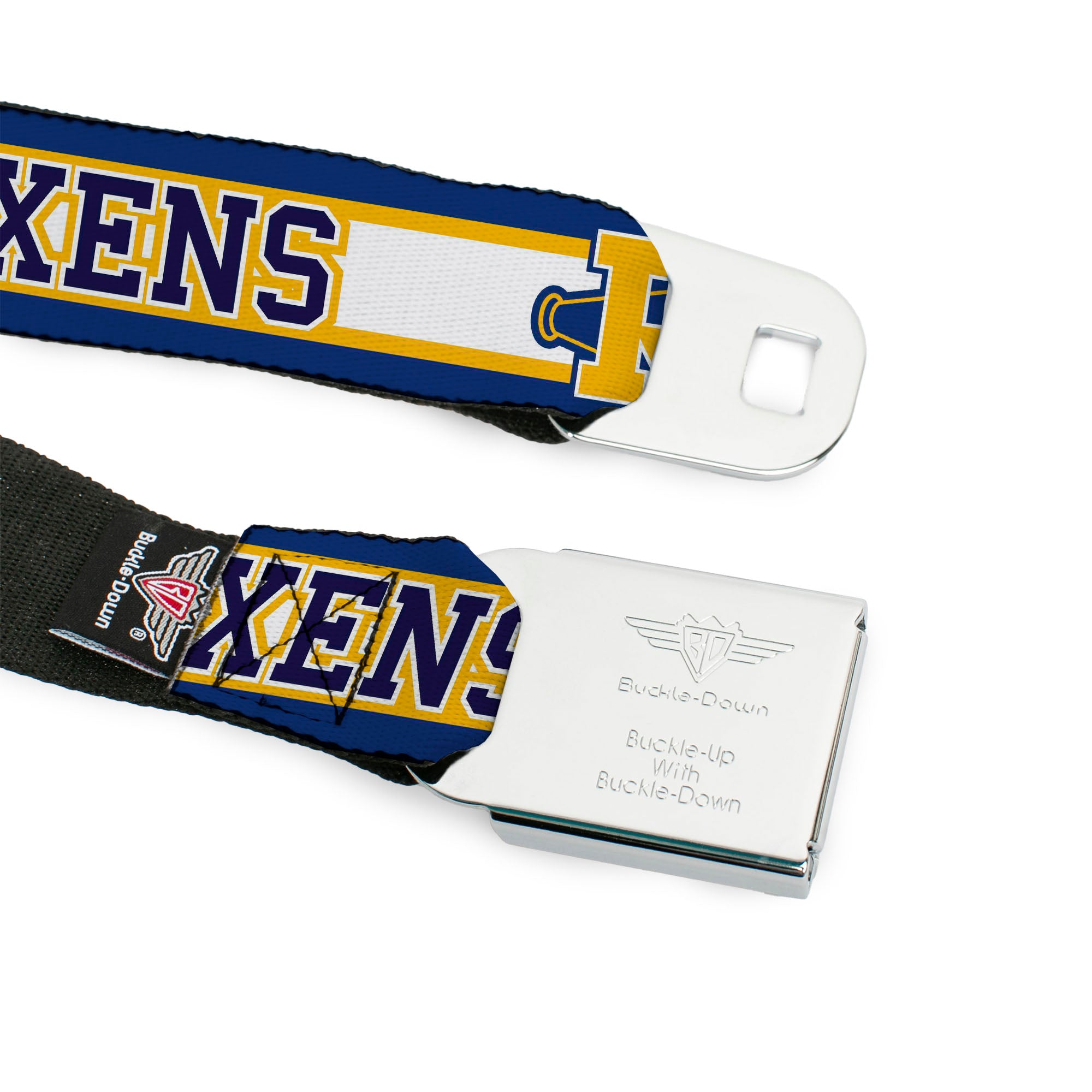 RIVERDALE "R" Logo Full Color Blue White Yellow Seatbelt Belt - RIVER VIXENS/Cheer Logo Stripe Blue/White/Yellow Webbing Seatbelt Belts Riverdale