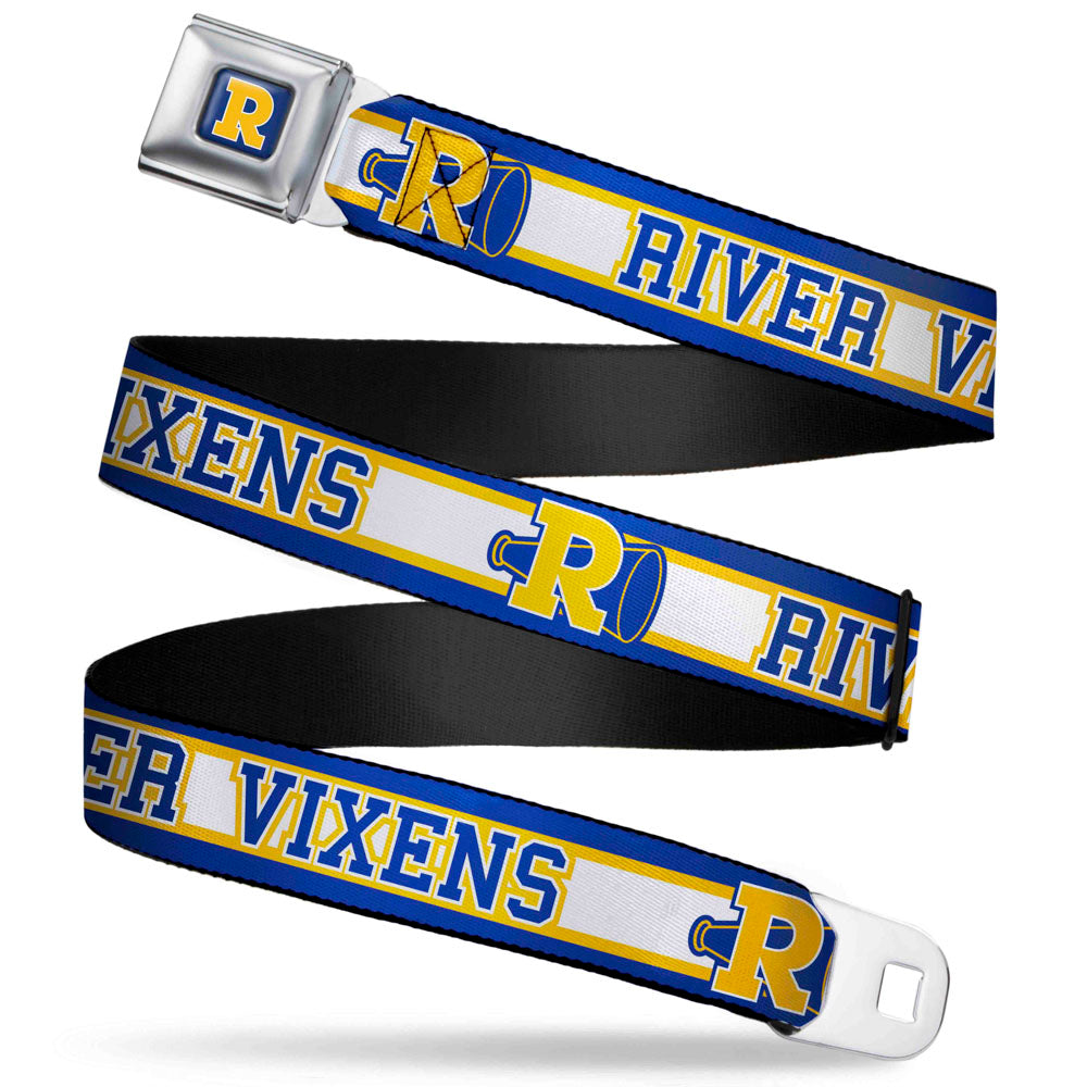 RIVERDALE "R" Logo Full Color Blue White Yellow Seatbelt Belt - RIVER VIXENS/Cheer Logo Stripe Blue/White/Yellow Webbing Seatbelt Belts Riverdale