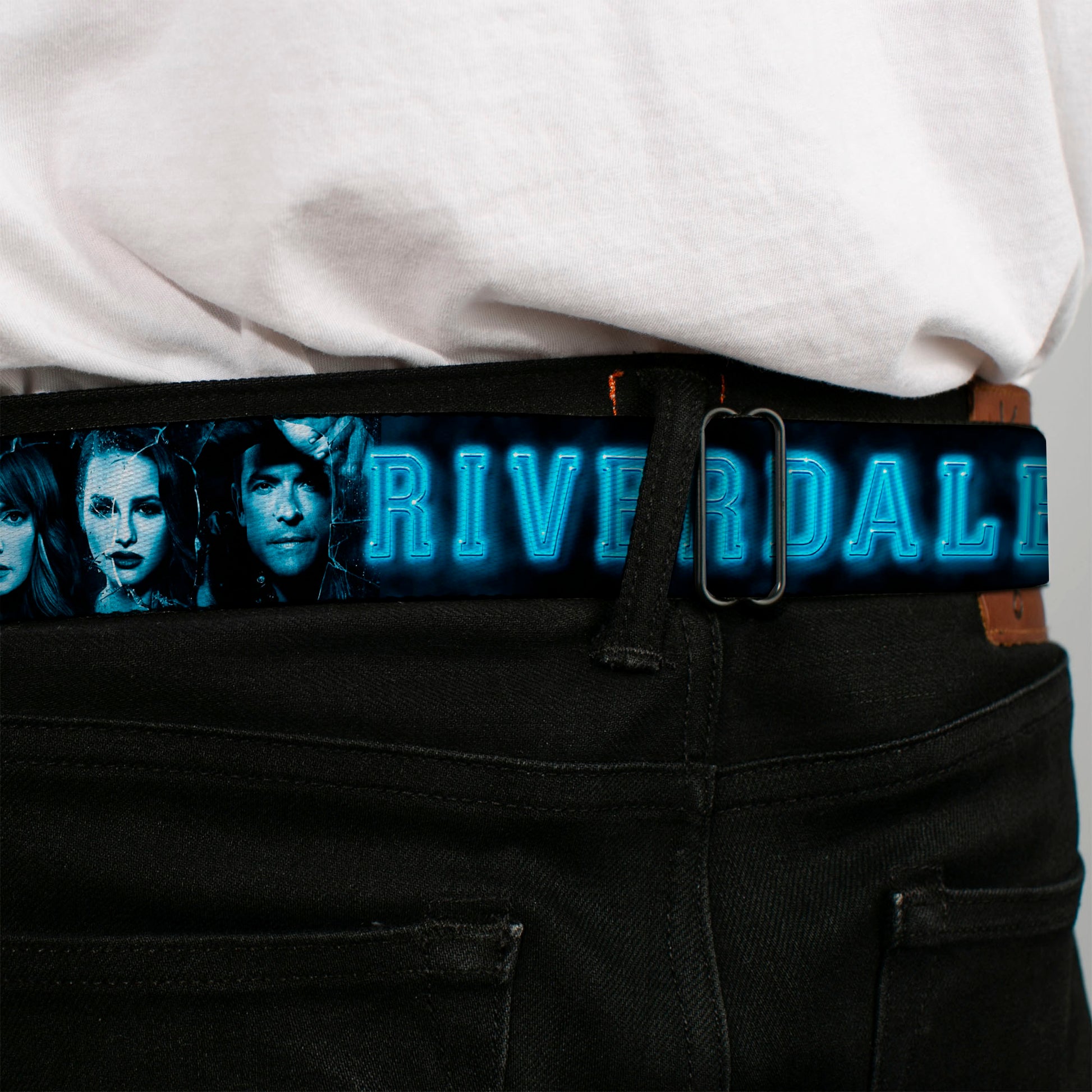 RIVERDALE "R" Logo Full Color Blue White Yellow Seatbelt Belt - RIVERDALE 10-Character Faces Shatter Black/Blues Webbing Seatbelt Belts Riverdale