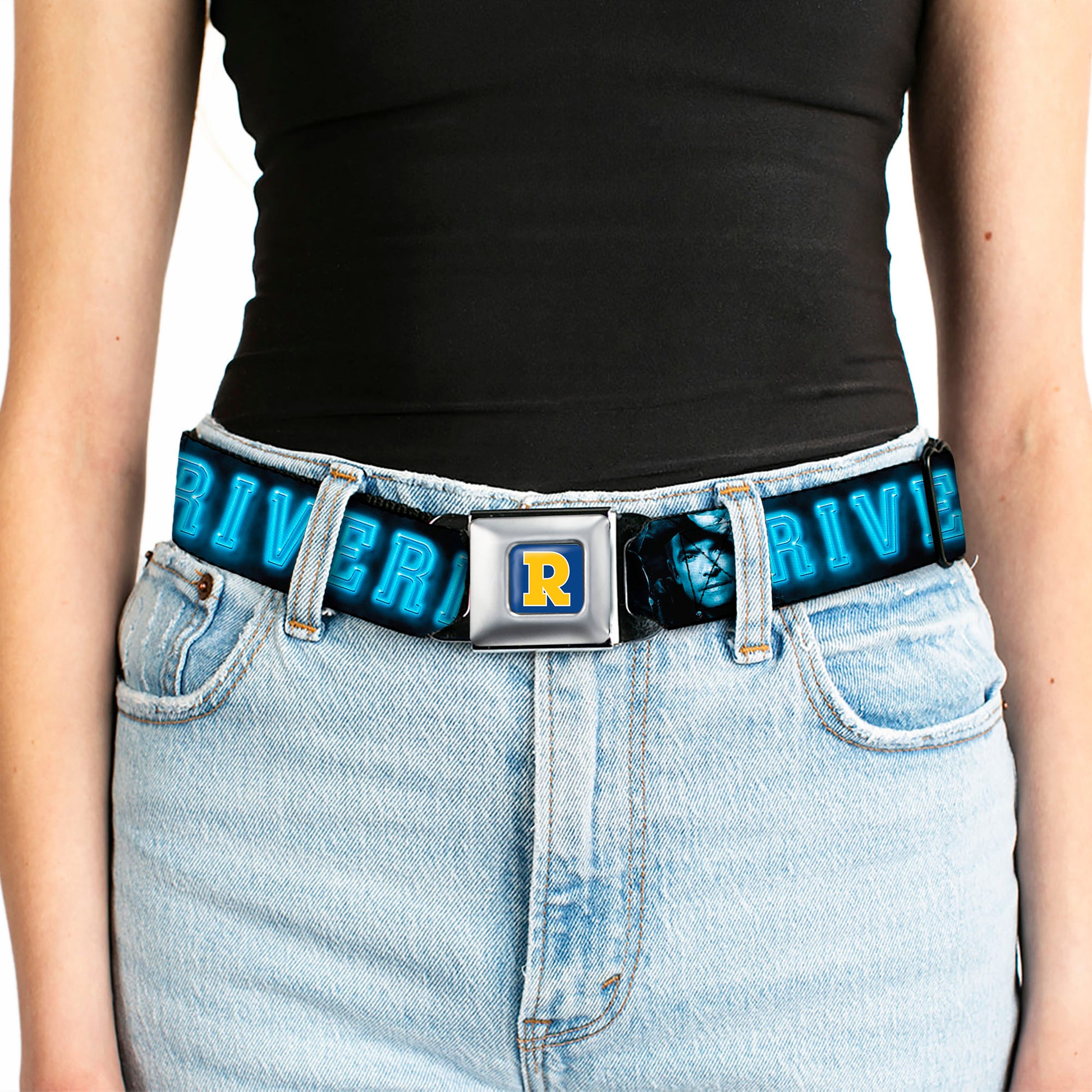 RIVERDALE "R" Logo Full Color Blue White Yellow Seatbelt Belt - RIVERDALE 10-Character Faces Shatter Black/Blues Webbing Seatbelt Belts Riverdale
