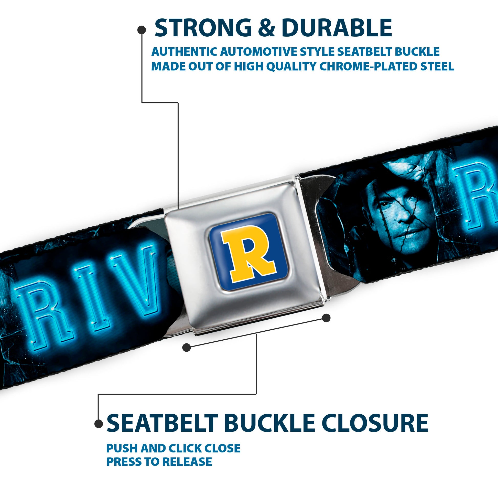 RIVERDALE "R" Logo Full Color Blue White Yellow Seatbelt Belt - RIVERDALE 10-Character Faces Shatter Black/Blues Webbing Seatbelt Belts Riverdale
