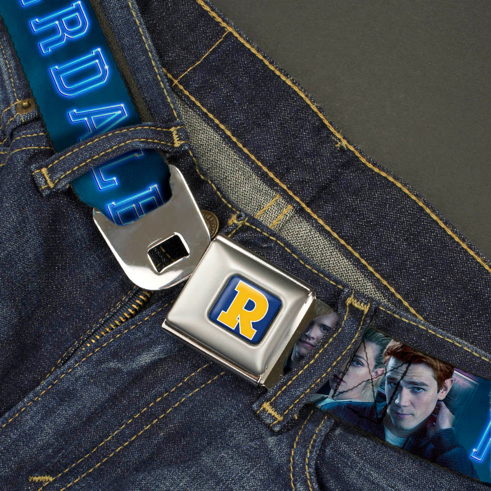 RIVERDALE "R" Logo Full Color Blue White Yellow Seatbelt Belt - RIVERDALE 7-Character Group Pose Blues Webbing Seatbelt Belts Riverdale