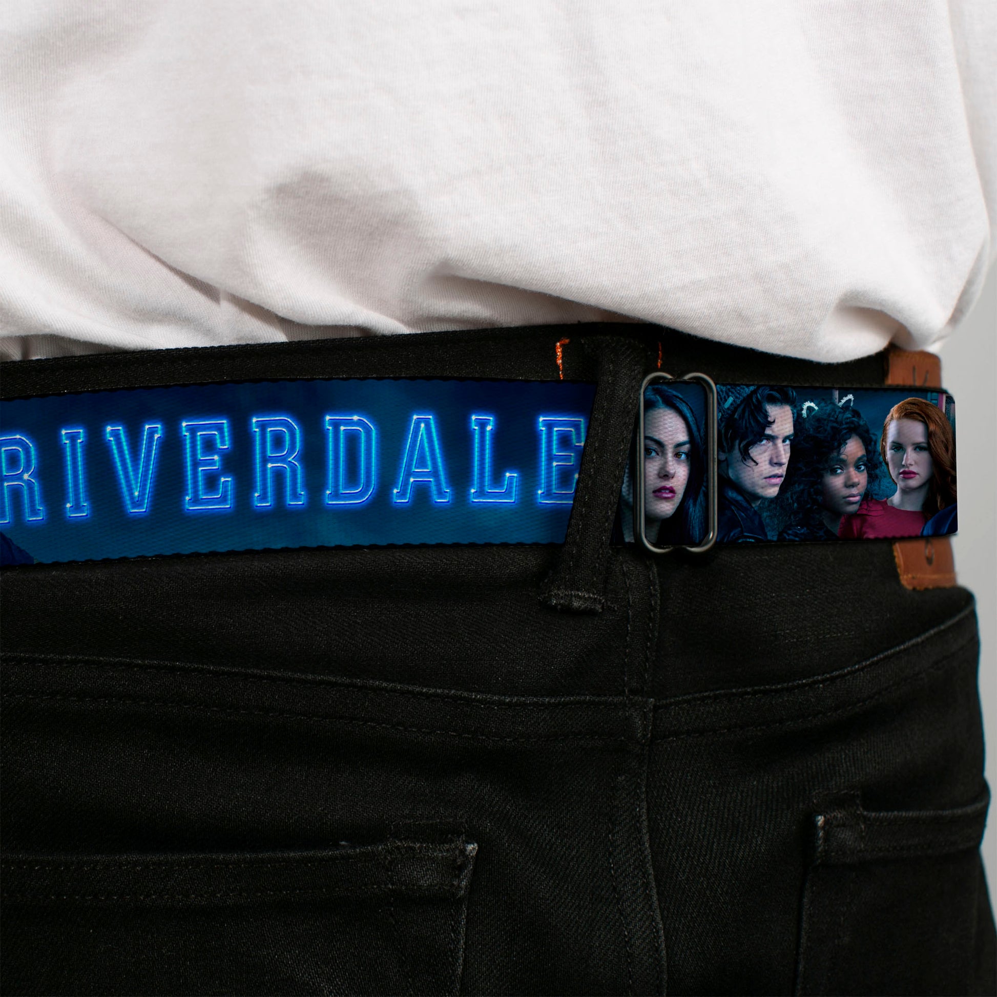 RIVERDALE "R" Logo Full Color Blue White Yellow Seatbelt Belt - RIVERDALE 7-Character Group Pose Blues Webbing Seatbelt Belts Riverdale