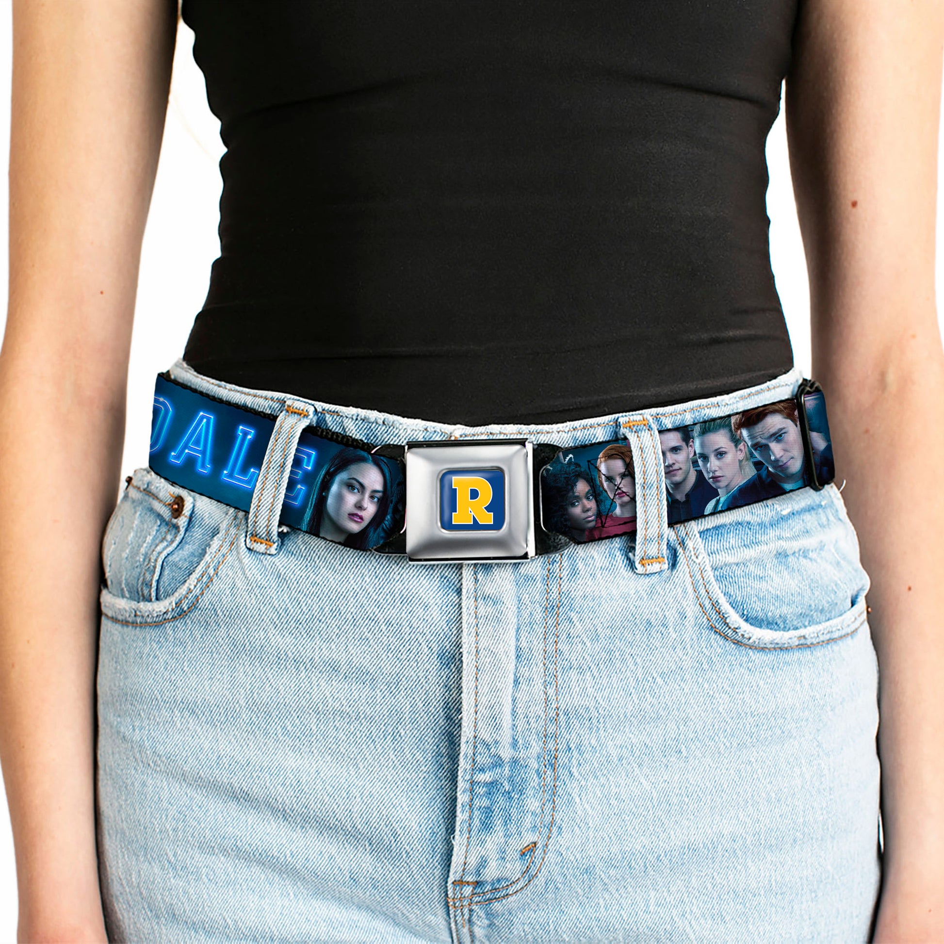 RIVERDALE "R" Logo Full Color Blue White Yellow Seatbelt Belt - RIVERDALE 7-Character Group Pose Blues Webbing Seatbelt Belts Riverdale