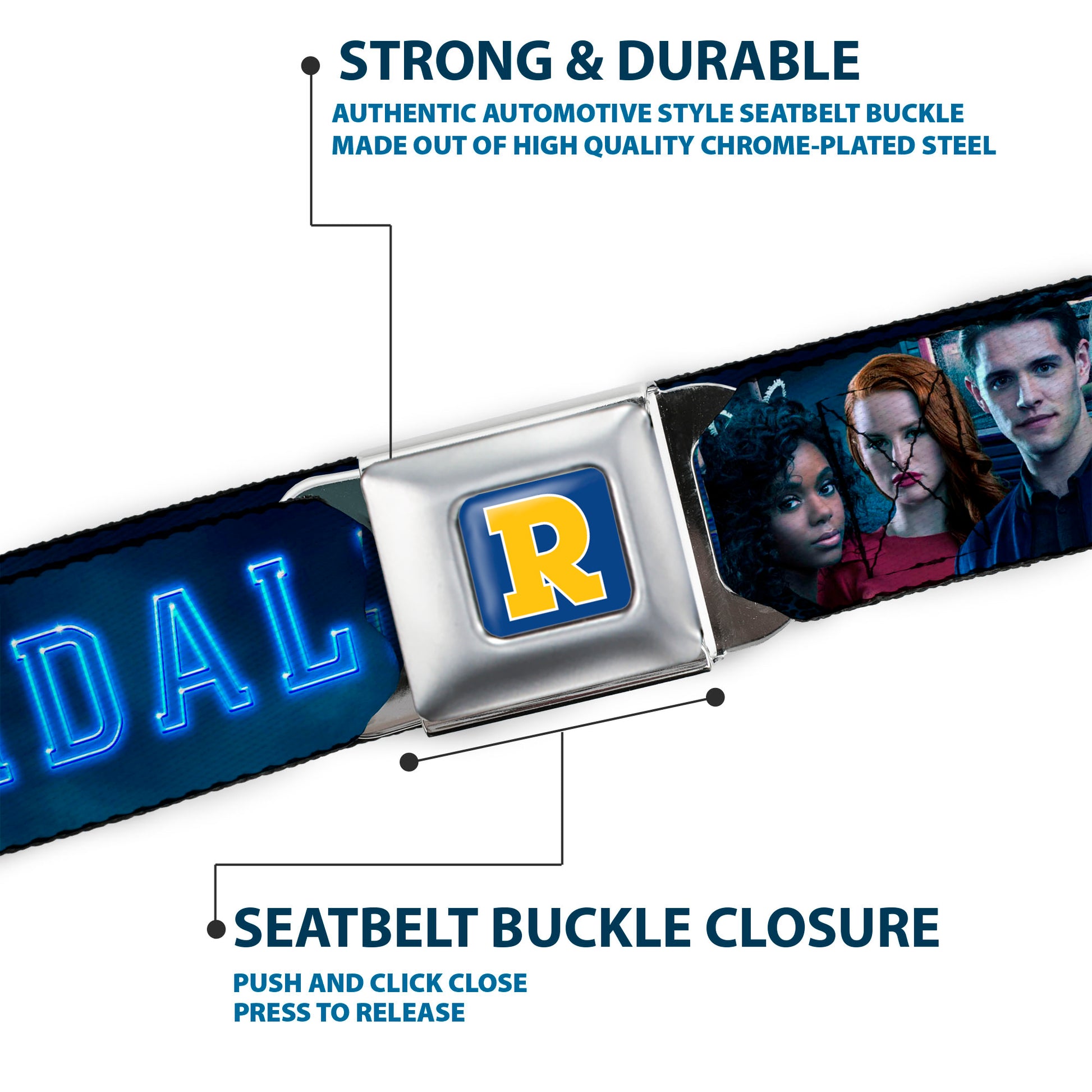 RIVERDALE "R" Logo Full Color Blue White Yellow Seatbelt Belt - RIVERDALE 7-Character Group Pose Blues Webbing Seatbelt Belts Riverdale